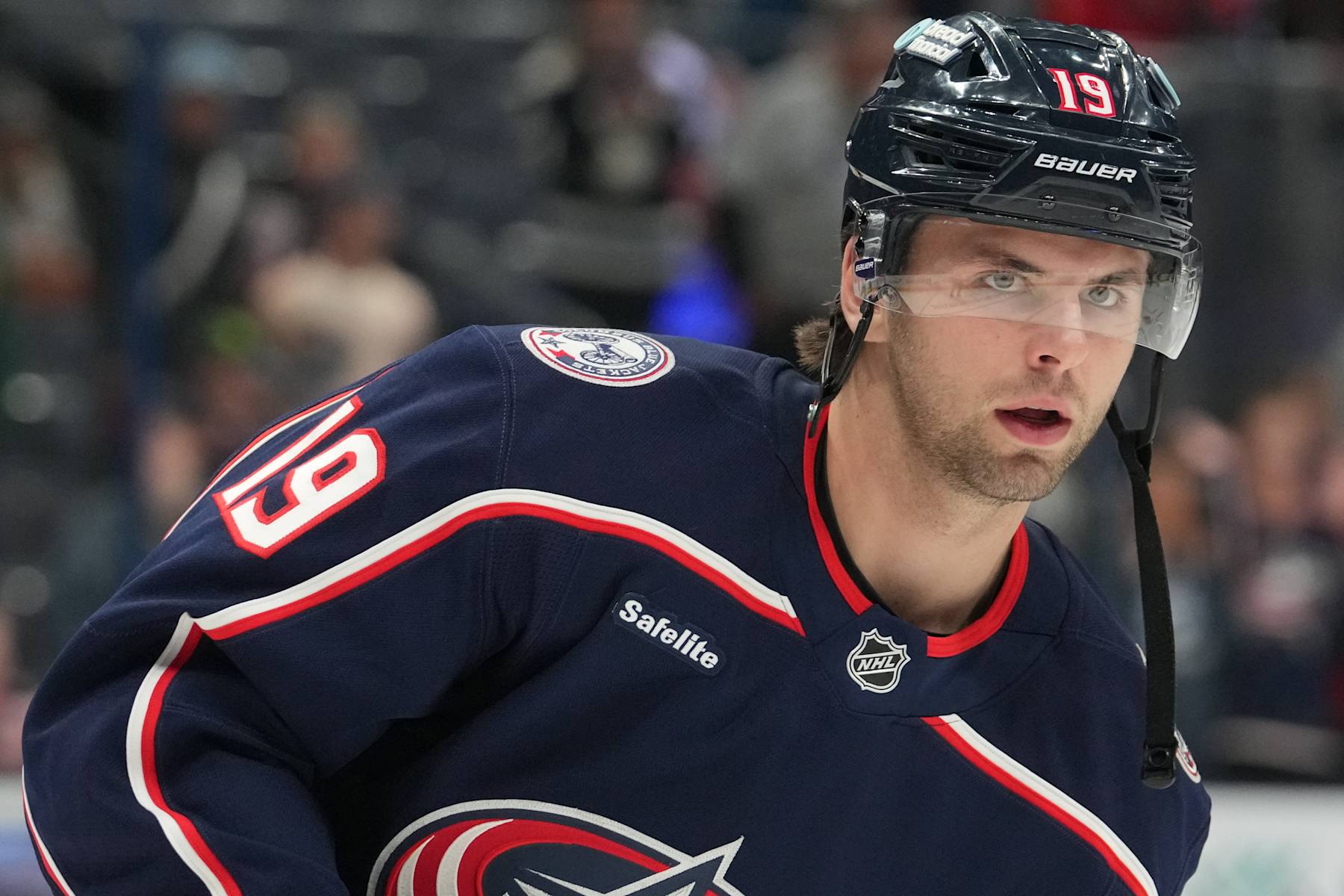 COLUMBUS, OHIO - SEPTEMBER 28: Adam Fantilli #19 of the Columbus Blue Jackets warms up prior to the preseason game against the Buffalo Sabres at Nationwide Arena on September 28, 2024 in Columbus, Ohio. (Photo by Jason Mowry/Getty Images)