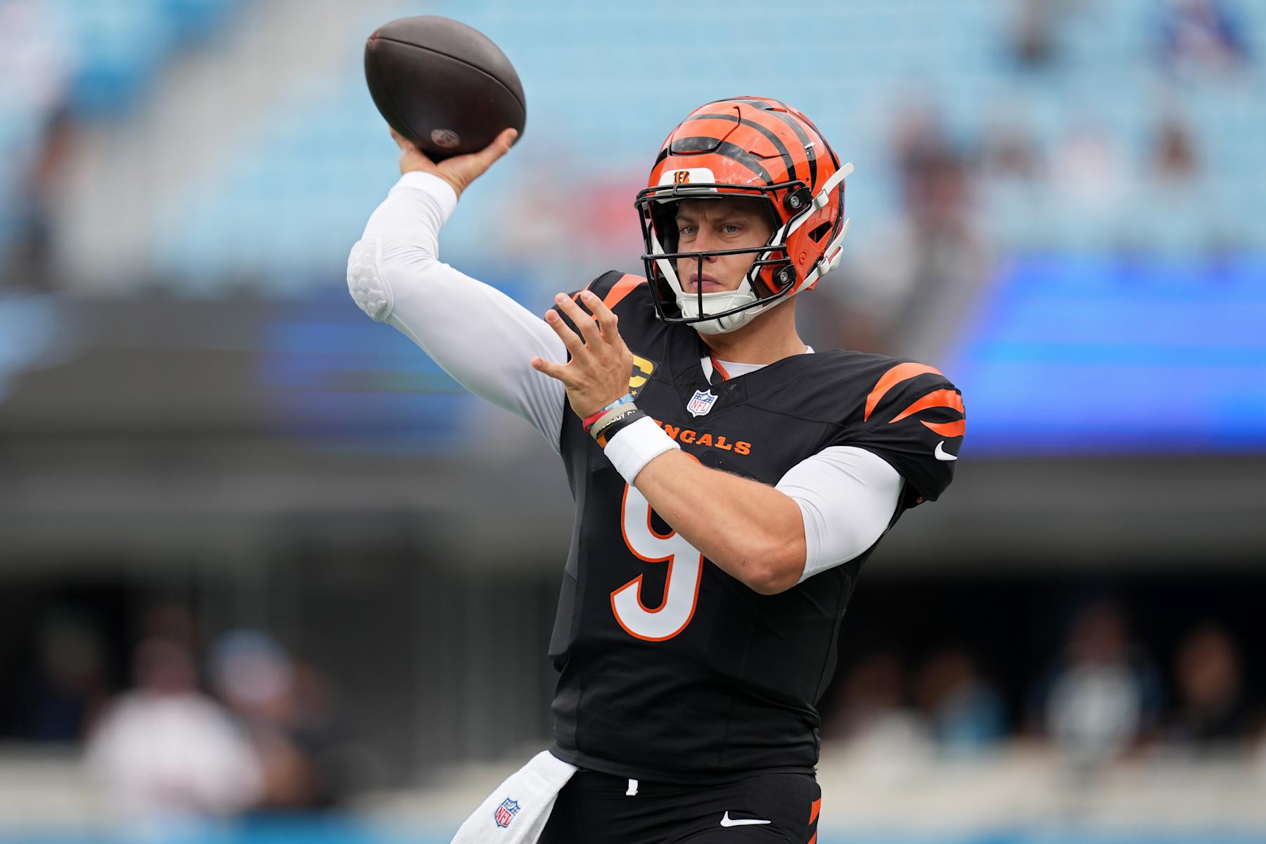 CHARLOTTE, NORTH CAROLINA - SEPTEMBER 29: Joe Burrow #9 of the Cincinnati Bengals warms up before the game against the Carolina Panthers at Bank of America Stadium on September 29, 2024 in Charlotte, North Carolina. (Photo by Grant Halverson/Getty Images)