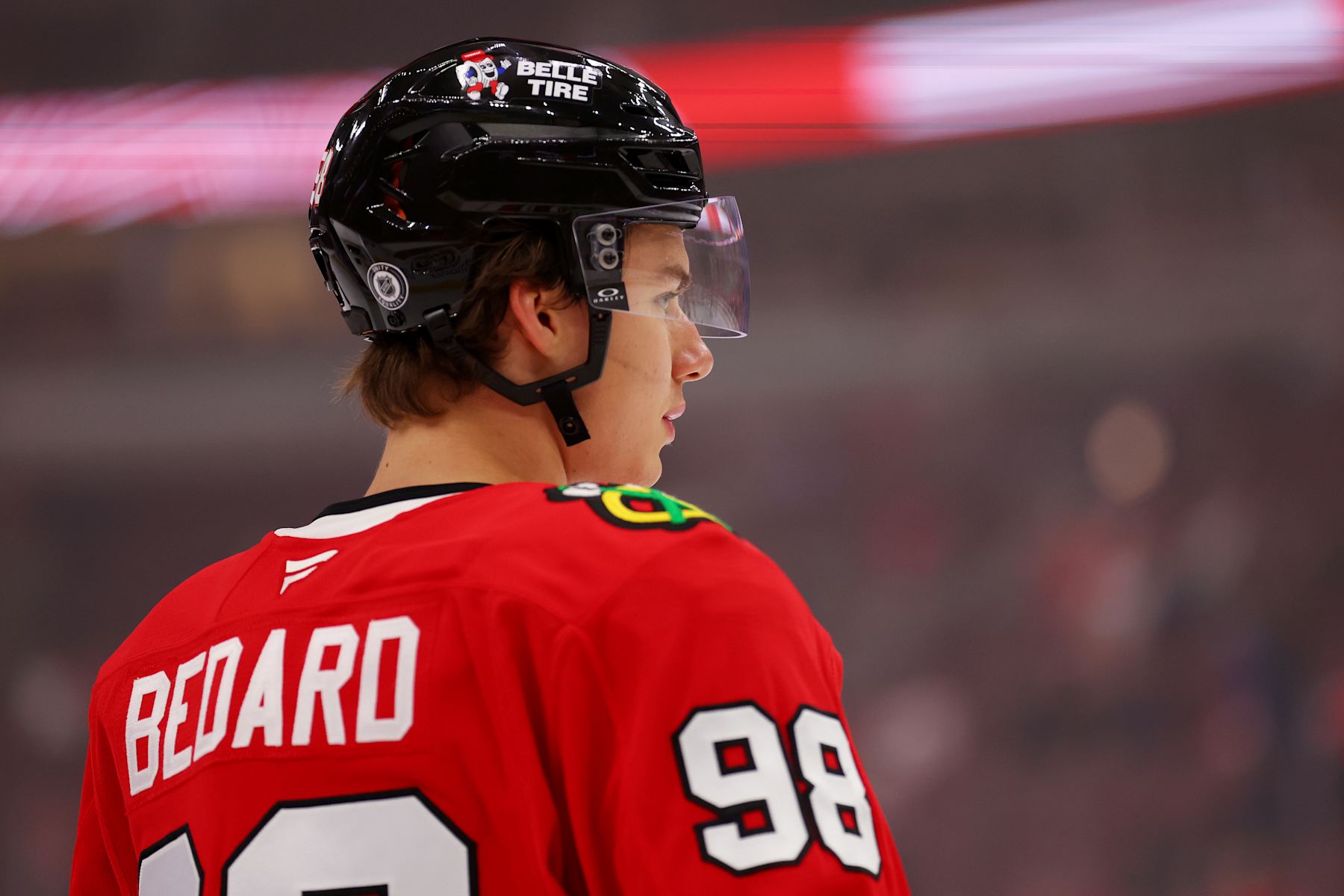 CHICAGO, ILLINOIS - SEPTEMBER 25: Connor Bedard #98 of the Chicago Blackhawks warms up prior to a preseason game against the Detroit Red Wings at the United Center on September 25, 2024 in Chicago, Illinois. (Photo by Michael Reaves/Getty Images)