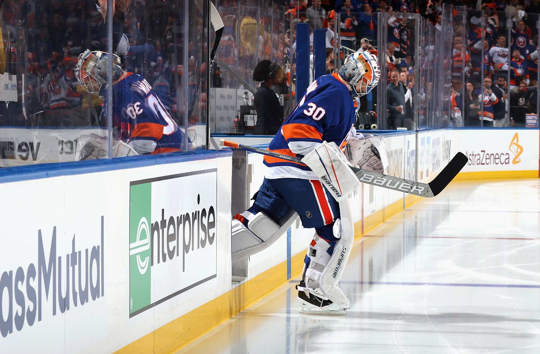 ELMONT, NEW YORK - APRIL 25: Ilya Sorokin #30 of the New York Islanders leads the team out to play against the Carolina Hurricanes in Game Three of the First Round of the 2024 Stanley Cup Playoffs at UBS Arena on April 25, 2024 in Elmont, New York. (Photo by Bruce Bennett/Getty Images)