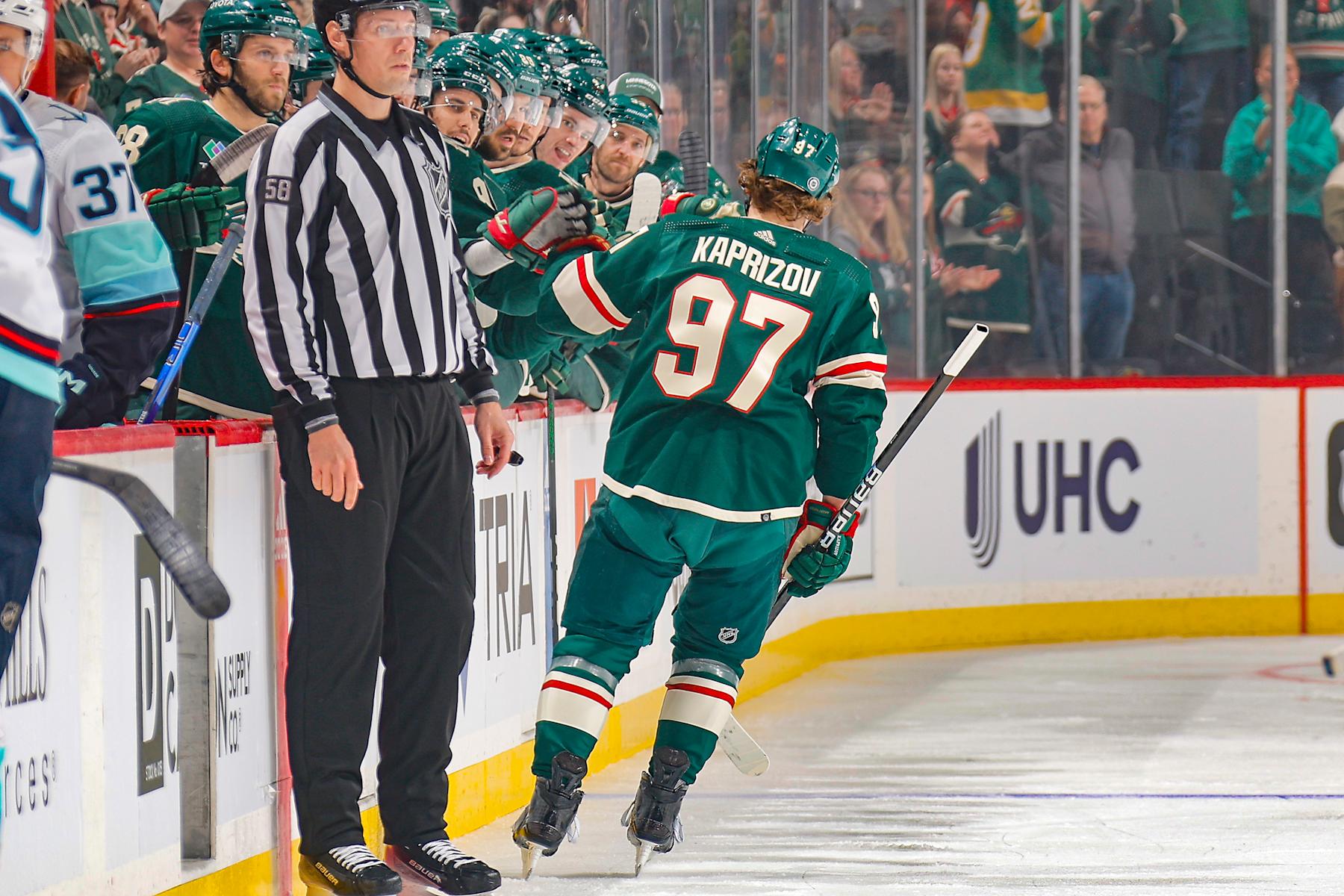 SAINT PAUL, MN - APRIL 18: Kirill Kaprizov #97 of the Minnesota Wild celebrates his goal against the Seattle Kraken during the game at the Xcel Energy Center on April 18, 2024 in Saint Paul, Minnesota. (Photo by Bruce Kluckhohn/NHLI via Getty Images)