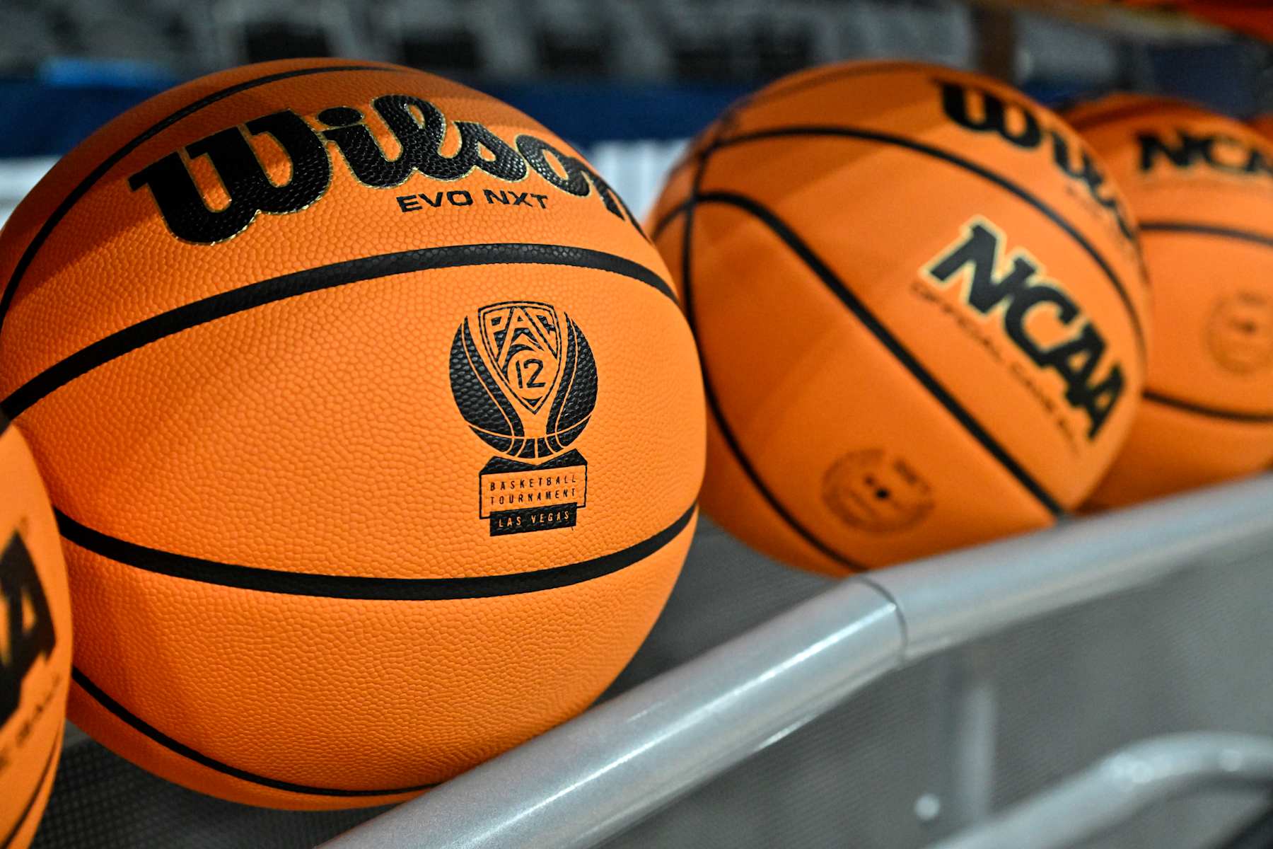 LAS VEGAS, NEVADA - MARCH 15: A Pac-12 basketball tournament logo is shown on basketballs before a semifinal game between the Arizona Wildcats and the Oregon Ducks in the Pac-12 Conference basketball tournament at T-Mobile Arena on March 15, 2024 in Las Vegas, Nevada. (Photo by David Becker/Getty Images)