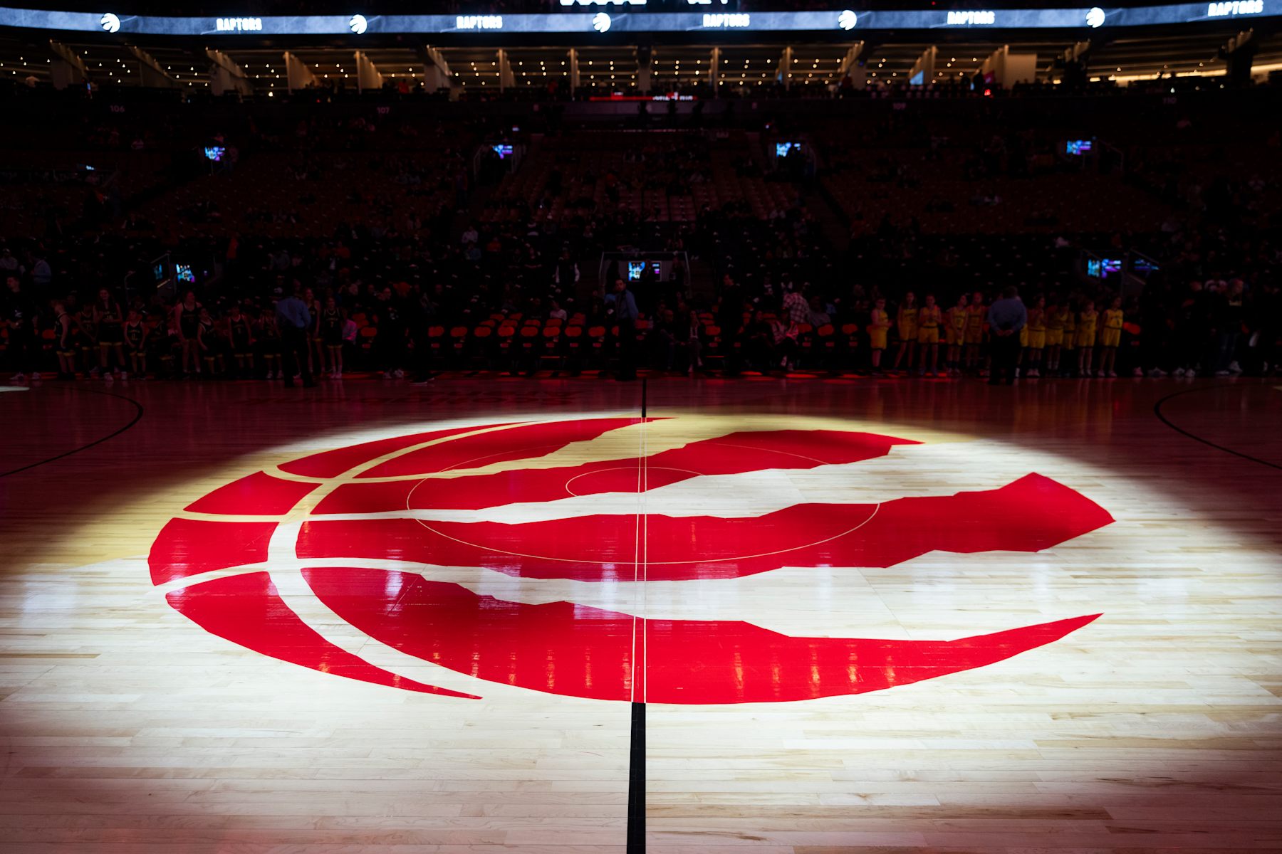 TORONTO, ON - MARCH 25: A Raptors logo is seen on the court head of the NBA basketball game between the Toronto Raptors and the Brooklyn Nets at the Scotiabank Arena on March 25, 2024 in Toronto, Ontario, Canada. NOTE TO USER: User expressly acknowledges and agrees that, by downloading and/or using this Photograph, user is consenting to the terms and conditions of the Getty Images License Agreement. (Photo by Mark Blinch/Getty Images)