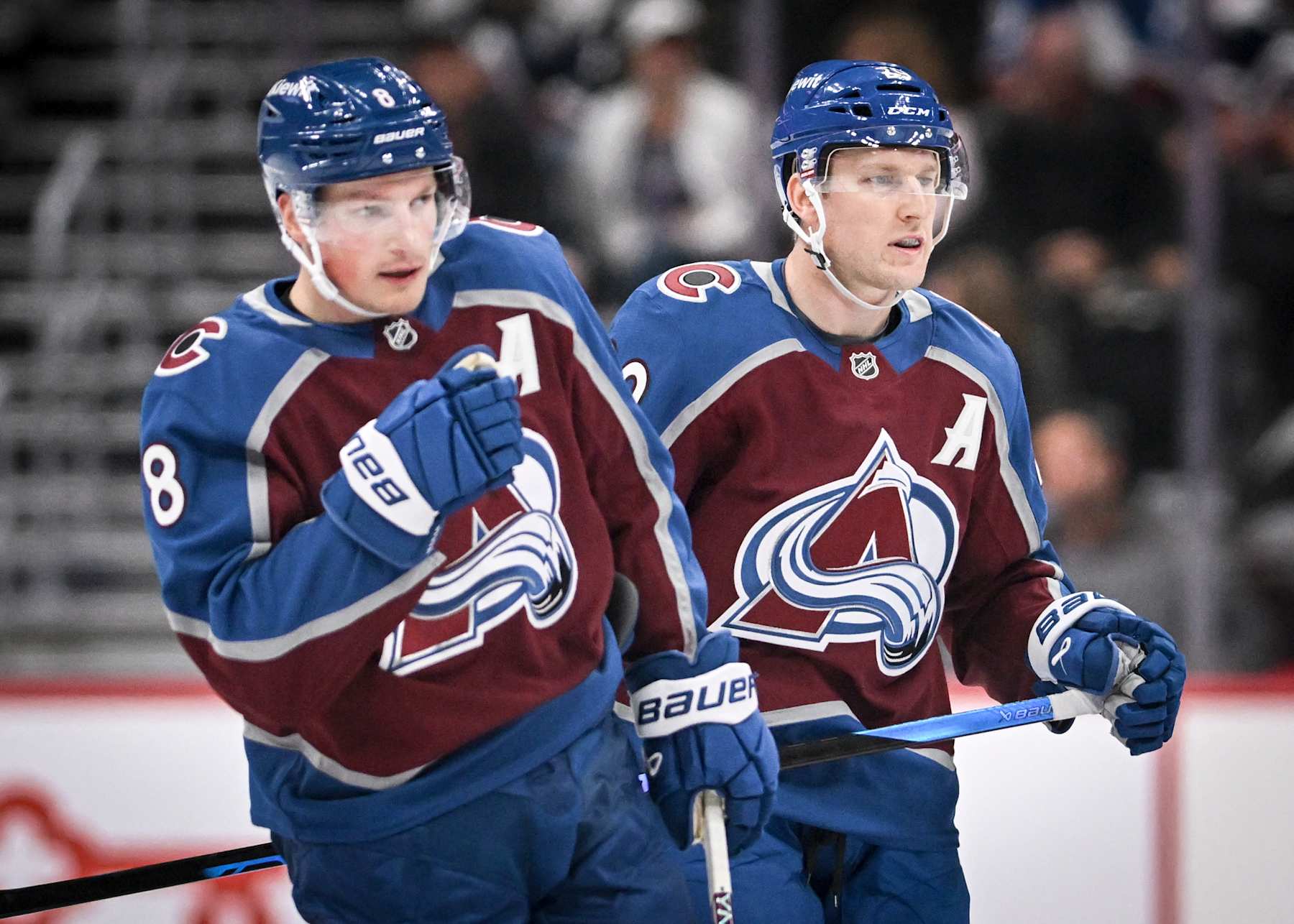 DENVER, CO - OCTOBER 1: Cale Makar (8) and Nathan MacKinnon (29) of the Colorado Avalanche take the ice during the first period agianst the Vegas Golden Knights at Ball Arena in Denver on Tuesday, October 1, 2024. (Photo by AAron Ontiveroz/The Denver Post)