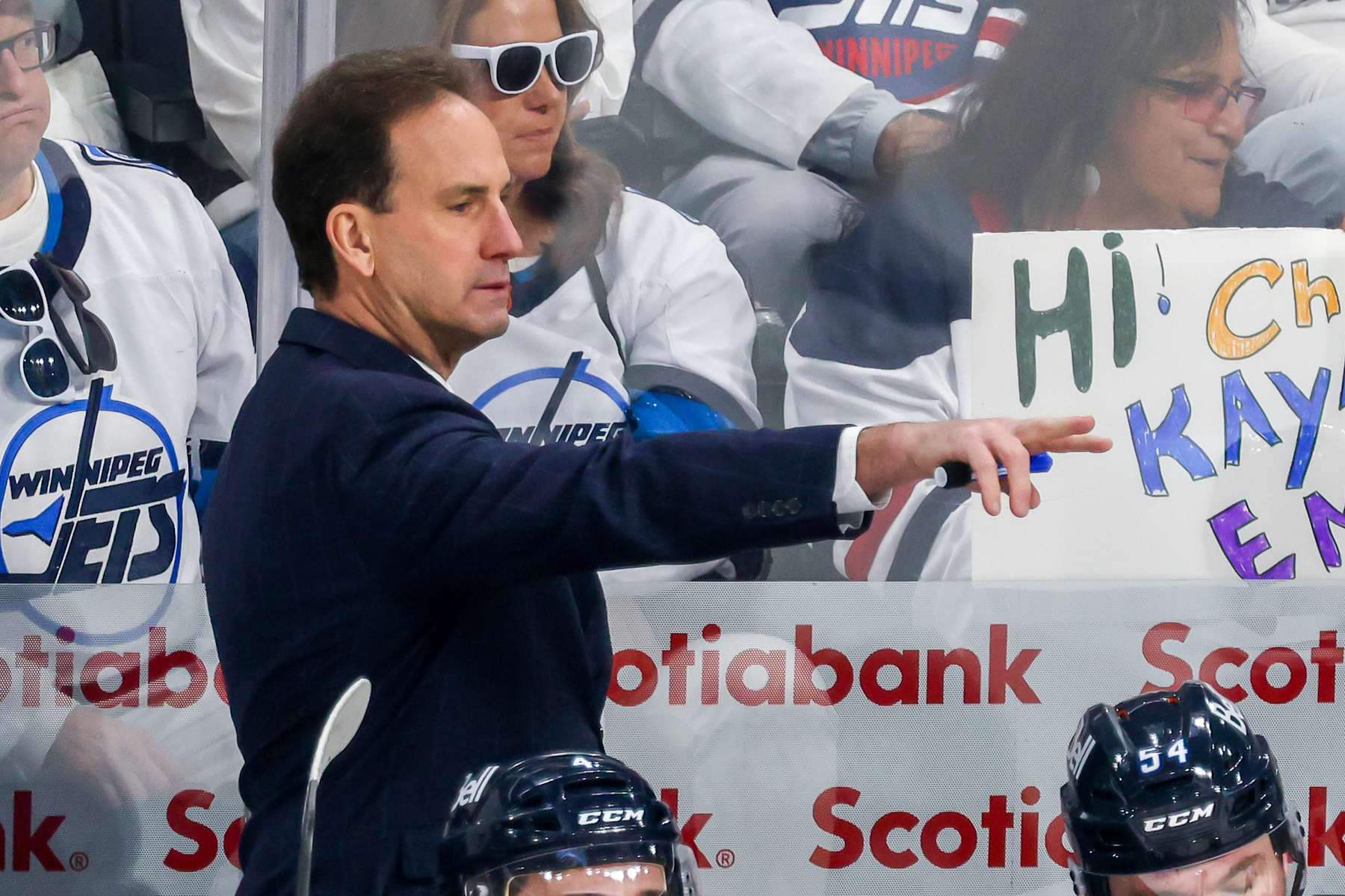 WINNIPEG, CANADA - APRIL 21: Associate coach Scott Arniel of the Winnipeg Jets points out instructions during third period action against the Colorado Avalanche in Game One of the First Round of the 2024 Stanley Cup Playoffs at Canada Life Centre on April 21, 2024 in Winnipeg, Manitoba, Canada. (Photo by Jonathan Kozub/NHLI via Getty Images)