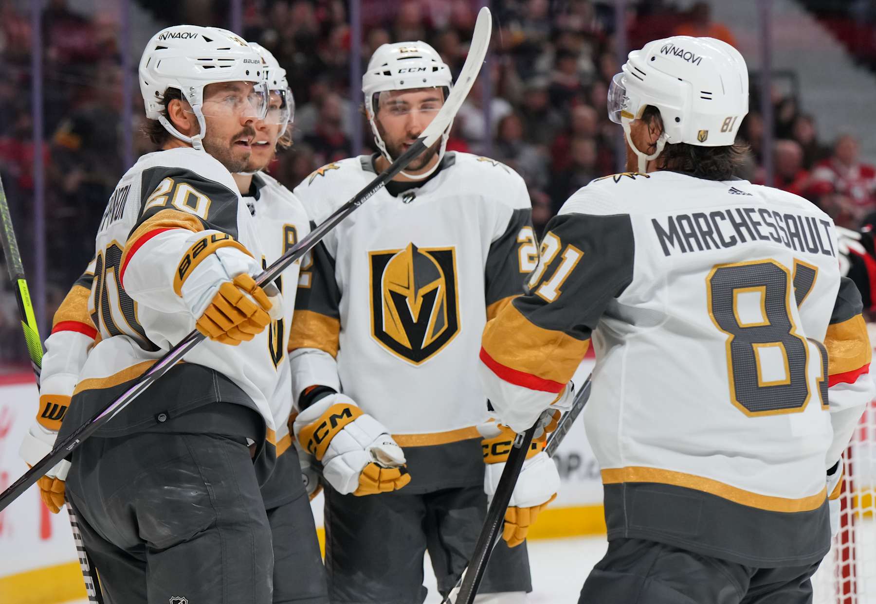 OTTAWA, CANADA - FEBRUARY 24: Chandler Stephenson #20 of the Vegas Golden Knights celebrates his second period goal against the Ottawa Senators with teammates Jonathan Marchessault #81, Alec Martinez #23 and William Karlsson #71 at Canadian Tire Centre on February 24, 2024 in Ottawa, Ontario, Canada. (Photo by André Ringuette/NHLI via Getty Images)