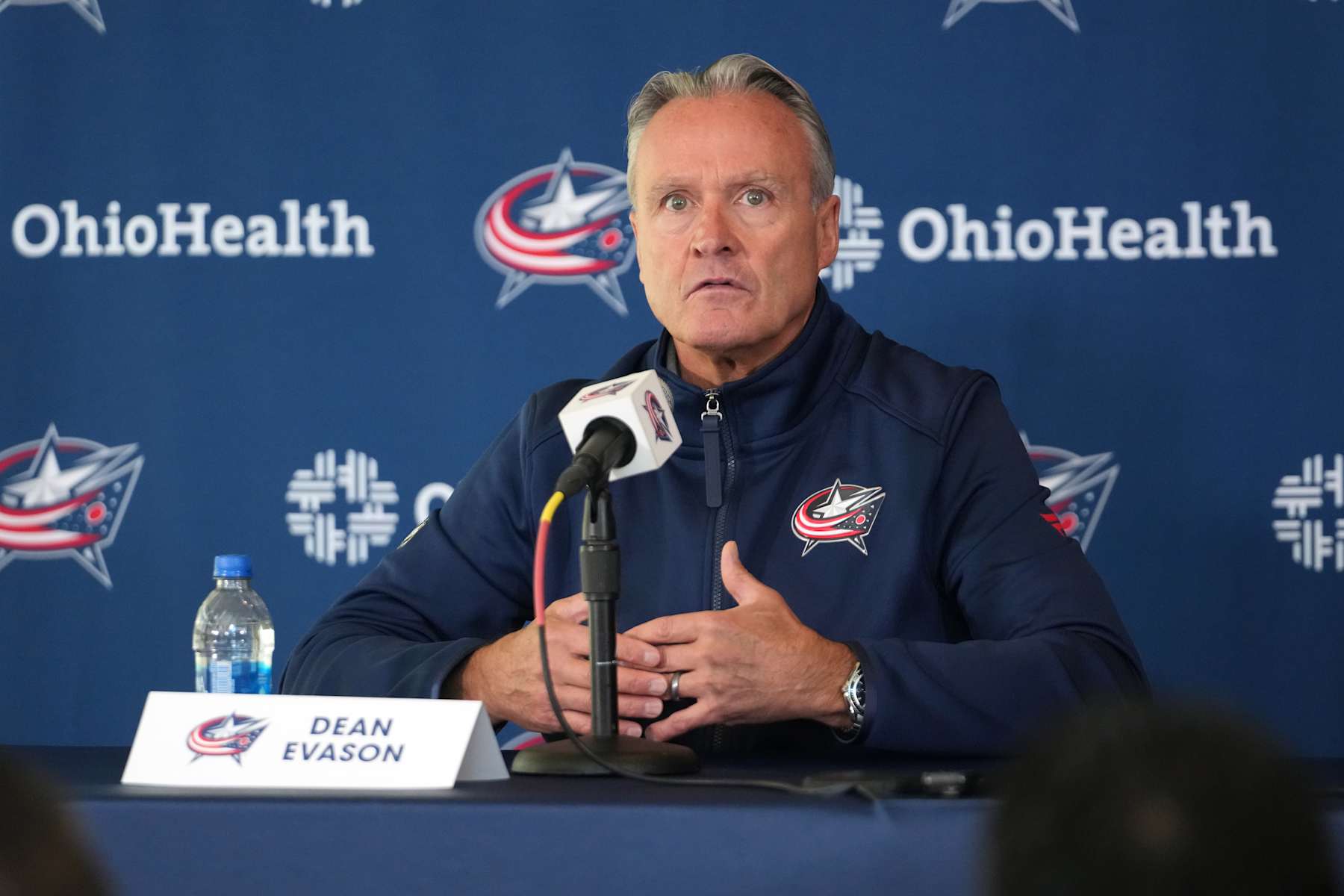 COLUMBUS, OHIO - SEPTEMBER 18: Head coach Dean Evason of the Columbus Blue Jackets addresses members of the media during media day at Nationwide Arena on September 18, 2024 in Columbus, Ohio. (Photo by Jason Mowry/Getty Images)