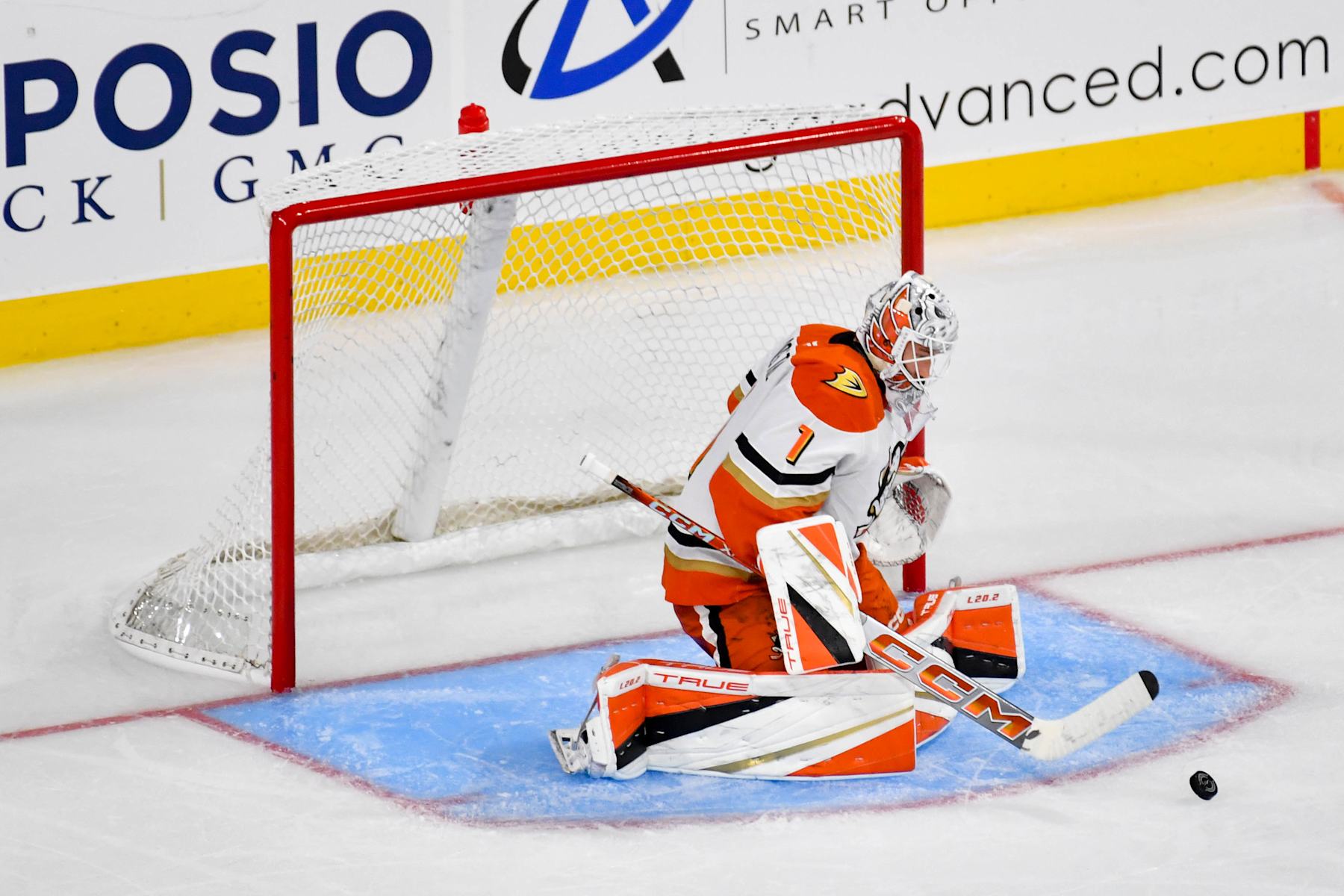ONTARIO, CA - SEPTEMBER 28: Lukas Dostal #1 of the Anaheim Ducks protects the goal during the third period in a pre-season game against the Los Angeles Kings at the Toyota Arena on September 28, 2024 in Ontario, California. (Photo by Juan Ocampo/NHLI via Getty Images)