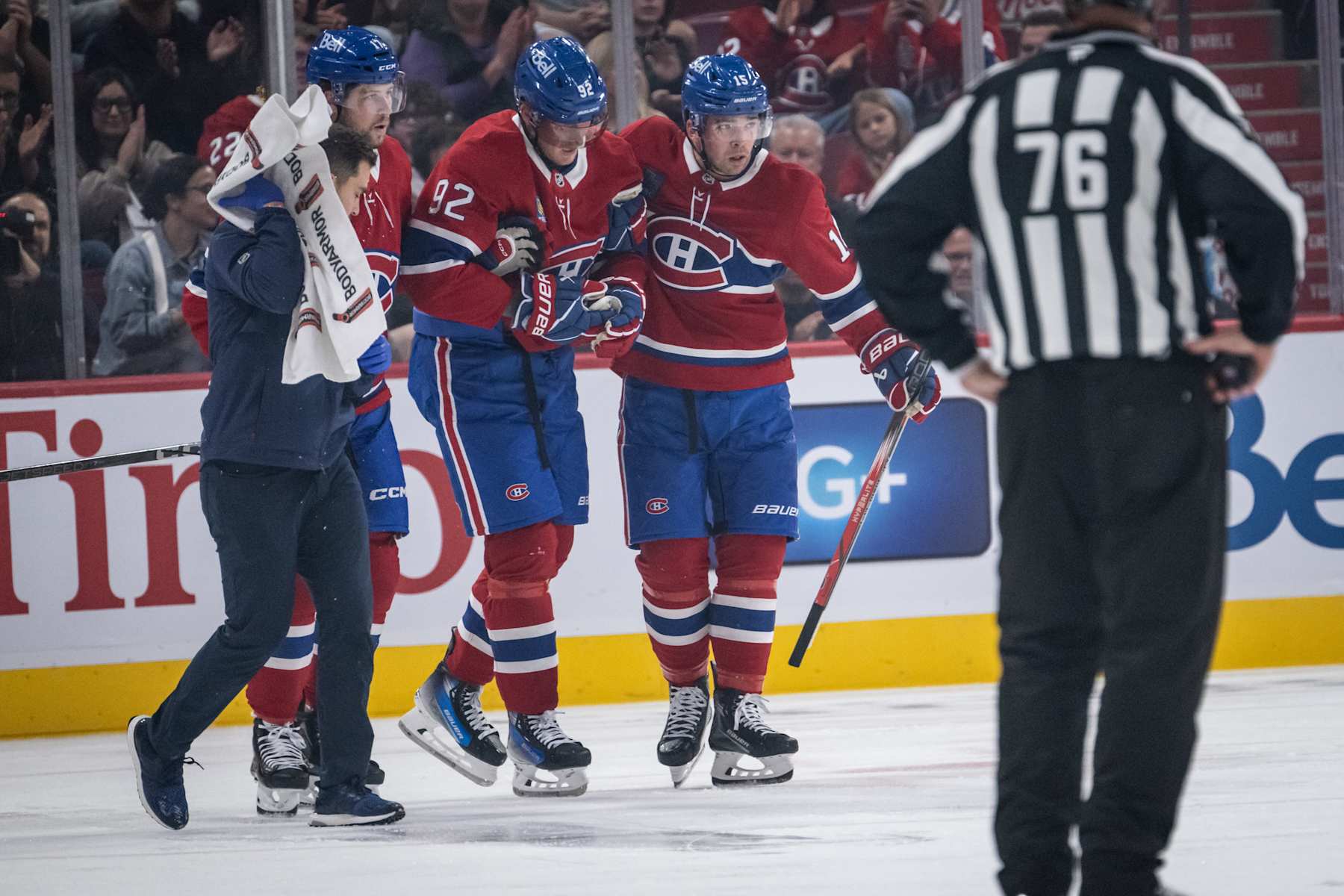 MONTREAL, QC - SEPTEMBER 28: Patrik Laine (92) of the Montreal Canadiens return to his bench after being injured during the first period of the NHL pre-season game between the Toronto Maple Leafs and the Montreal Canadiens on Sept 28, 2024, at the Bell Centre in Montreal, QC(Photo by Vincent Ethier/Icon Sportswire via Getty Images)
