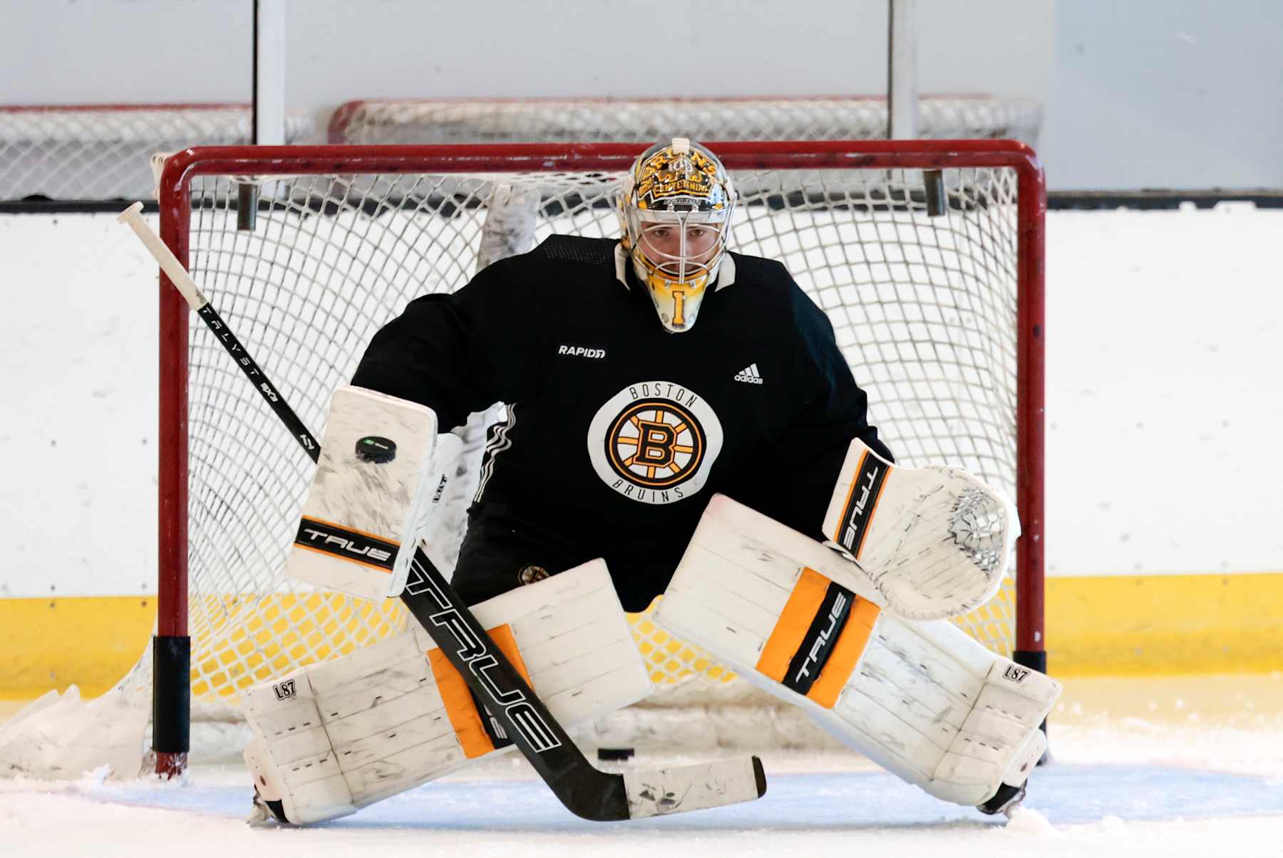 BRIGHTON, MA - SEPTEMBER 05: Boston Bruins goalie Jeremy Swayman (1) makes a blocker save during Boston Bruins Captain's Practice on September 5, 2024 at Warrior Ice Arena in Brighton, Massachusetts. (Photo by Fred Kfoury III/Icon Sportswire via Getty Images)