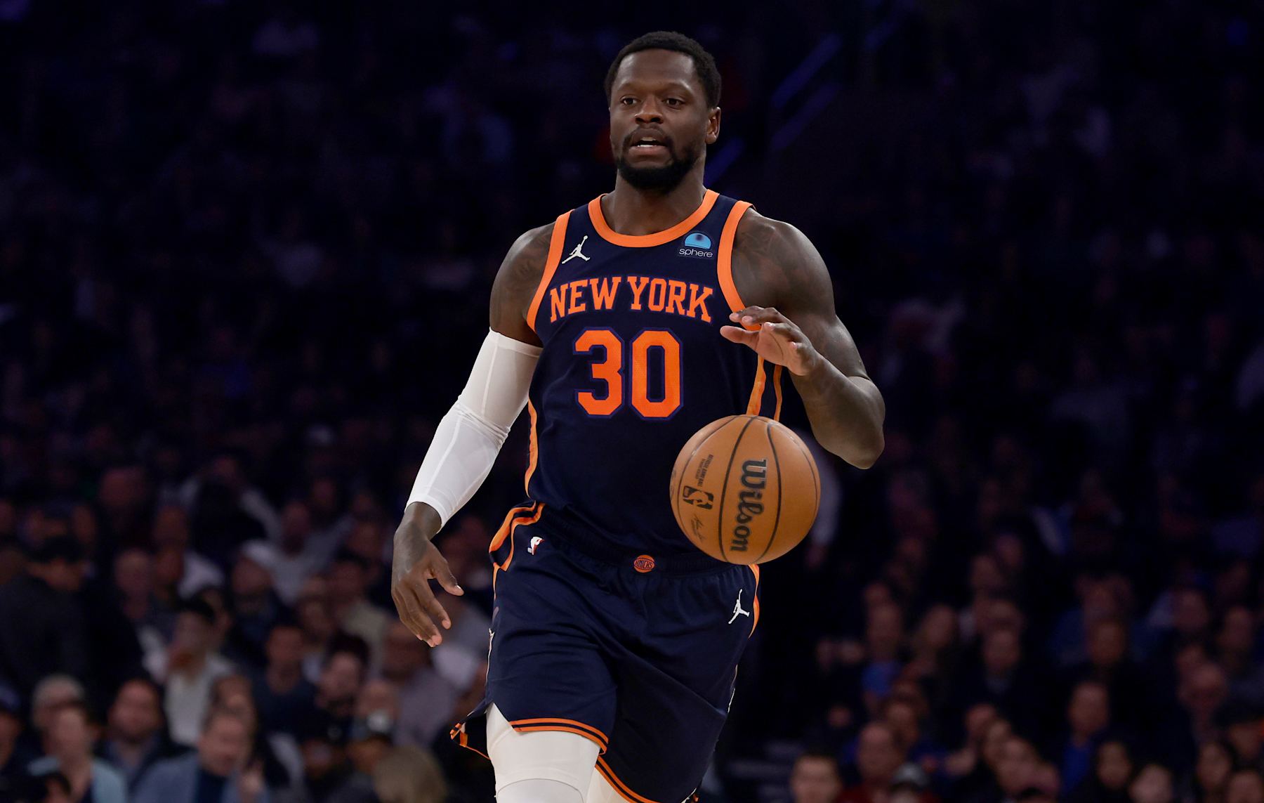 NEW YORK, NEW YORK - JANUARY 25: (NEW YORK DAILIES OUT) Julius Randle #30 of the New York Knicks in action against the Denver Nuggets at Madison Square Garden on January 25, 2024 in New York City. The Knicks defeated the Nuggets 122-84. NOTE TO USER: User expressly acknowledges and agrees that, by downloading and or using this photograph, User is consenting to the terms and conditions of the Getty Images License Agreement. (Photo by Jim McIsaac/Getty Images)