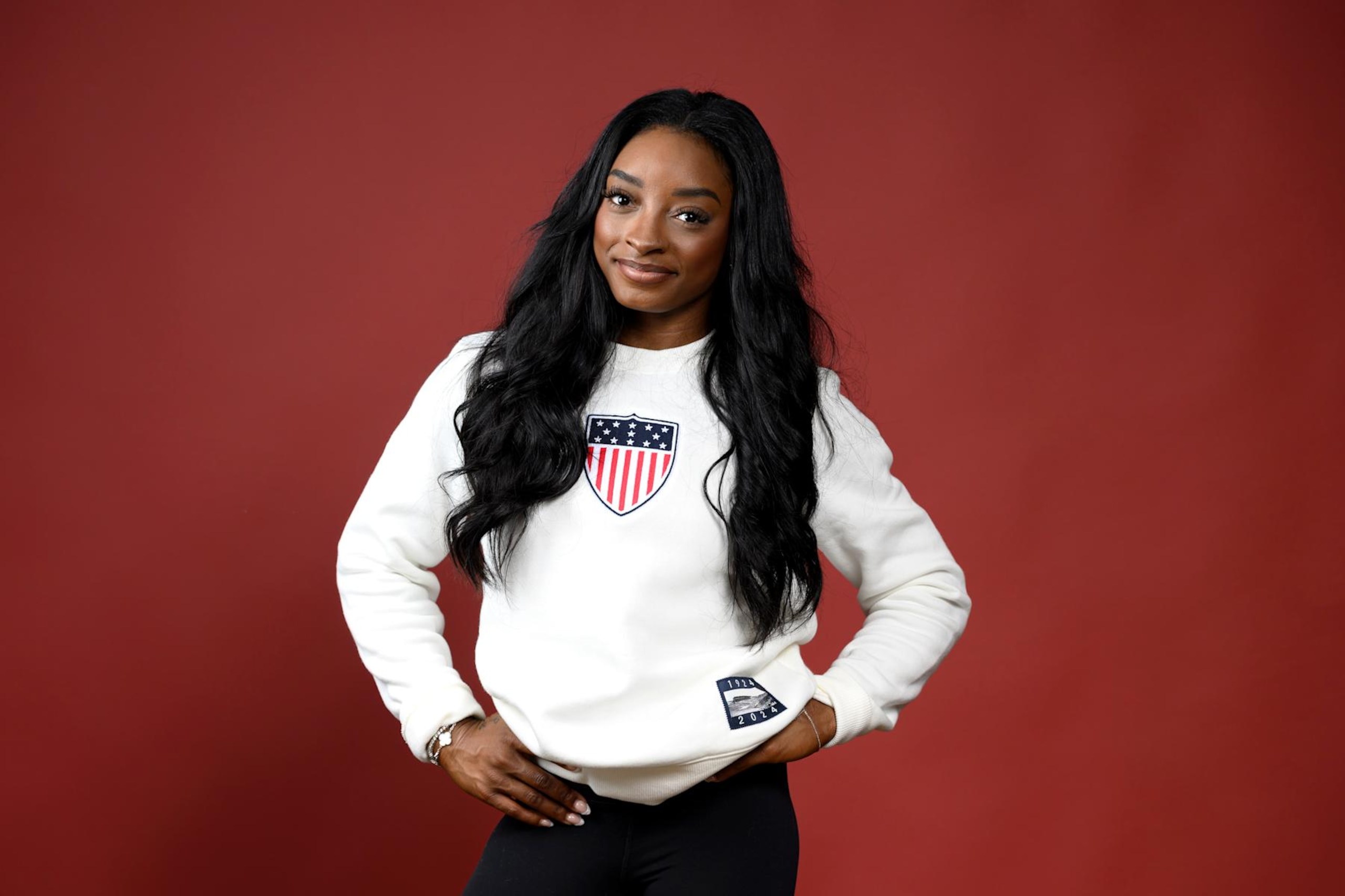 PARIS, FRANCE - AUGUST 06: (BROADCAST-OUT) Olympian Simone Biles of Team United States poses on the Today Show Set on August 06, 2024 in Paris, France. (Photo by Kristy Sparow/Getty Images)