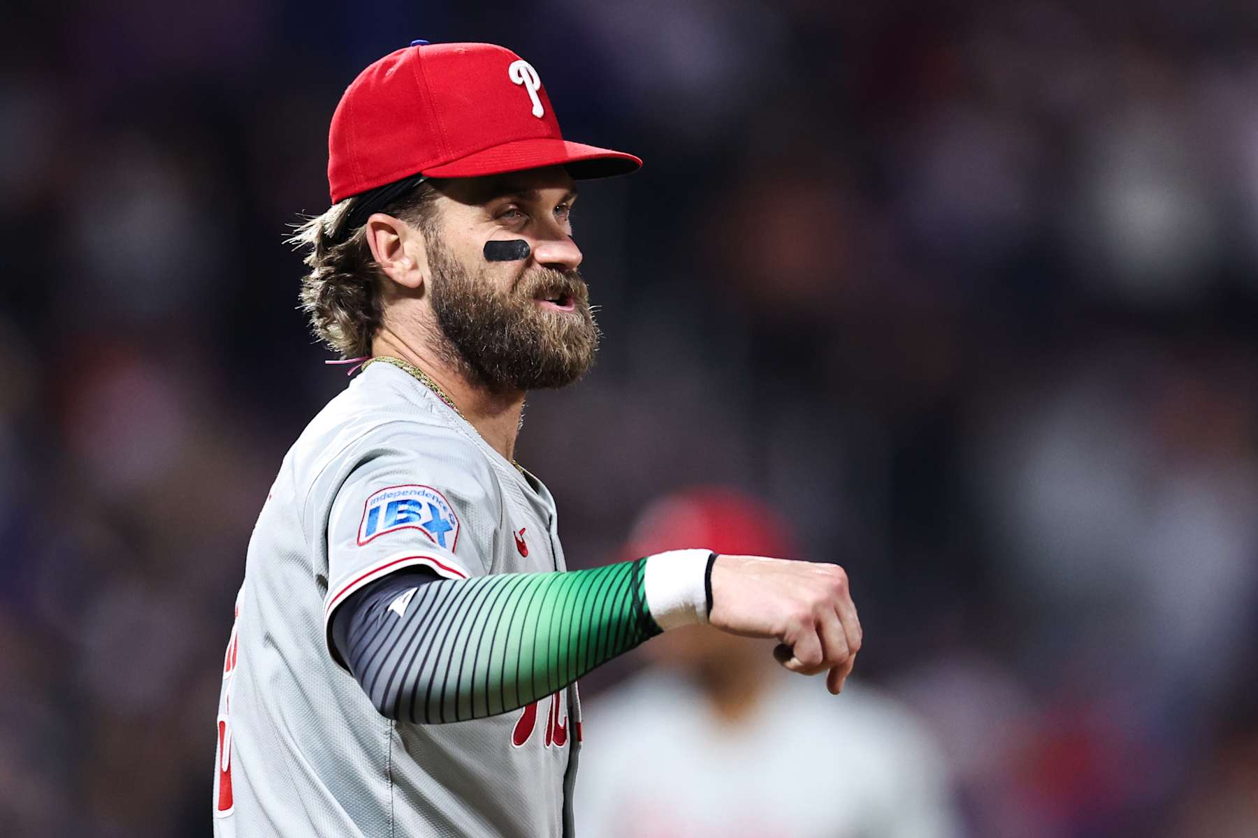 NEW YORK, NEW YORK - SEPTEMBER 20: Bryce Harper #3 of the Philadelphia Phillies gestures during the fifth inning of the game against the New York Mets at Citi Field on September 20, 2024 in New York City. (Photo by Dustin Satloff/Getty Images)