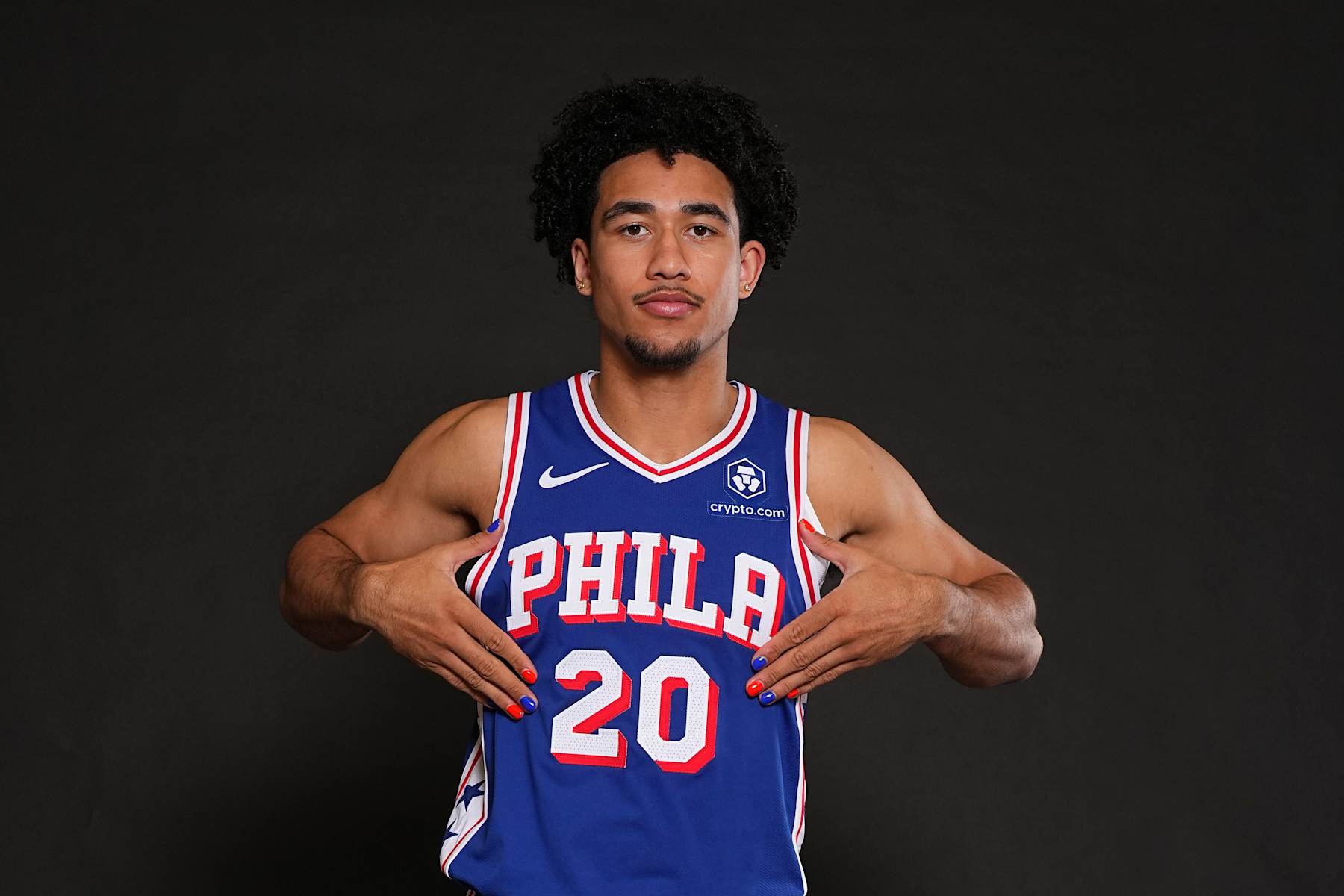 CAMDEN, NEW JERSEY - SEPTEMBER 30: Jared McCain #20 of the Philadelphia 76ers poses for a picture at media day at 76ers Training Complex on September 30, 2024 in Camden, New Jersey. NOTE TO USER: User expressly acknowledges and agrees that, by downloading and or using this photograph, User is consenting to the terms and conditions of the Getty Images License Agreement. (Photo by Mitchell Leff/Getty Images)