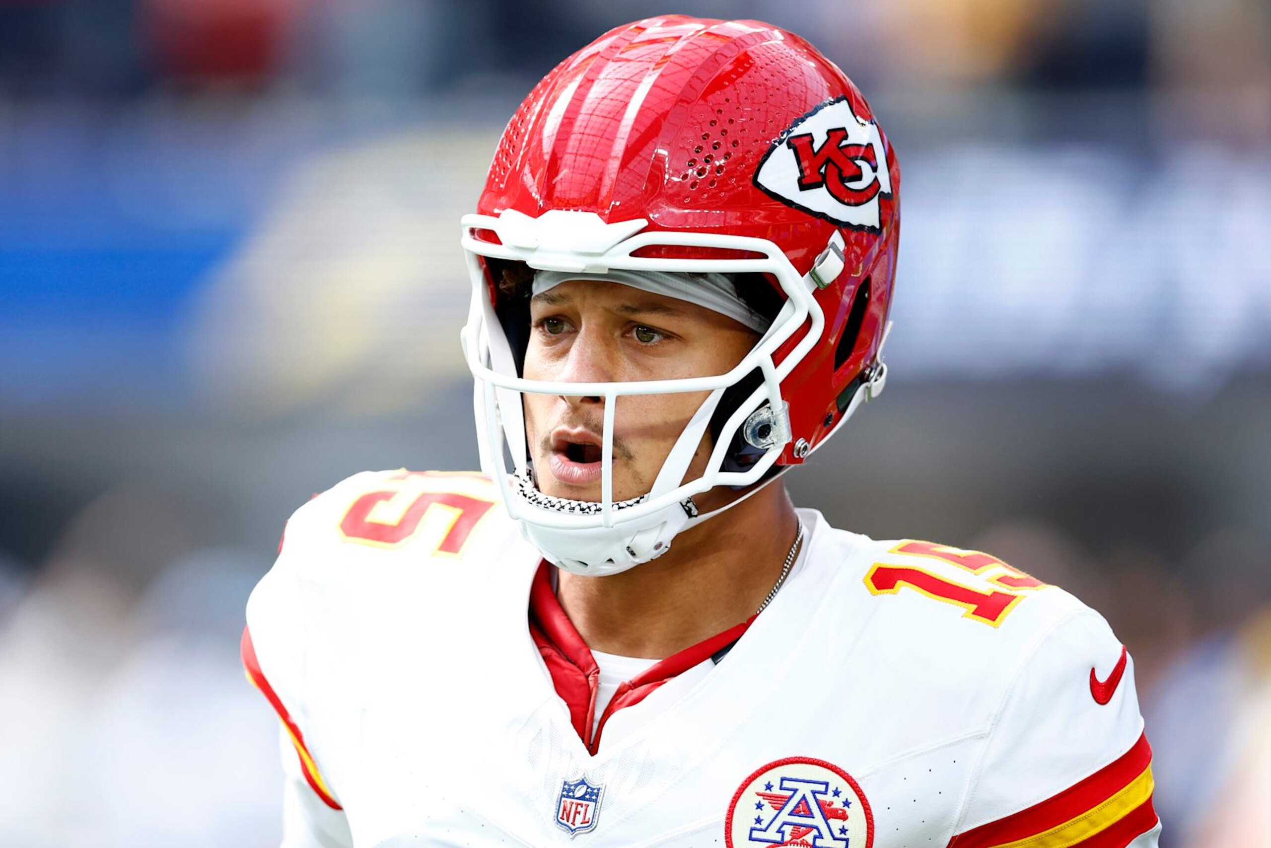 INGLEWOOD, CALIFORNIA - SEPTEMBER 29: Patrick Mahomes #15 of the Kansas City Chiefs looks on during the first half against the Los Angeles Chargers at SoFi Stadium on September 29, 2024 in Inglewood, California. (Photo by Ronald Martinez/Getty Images)