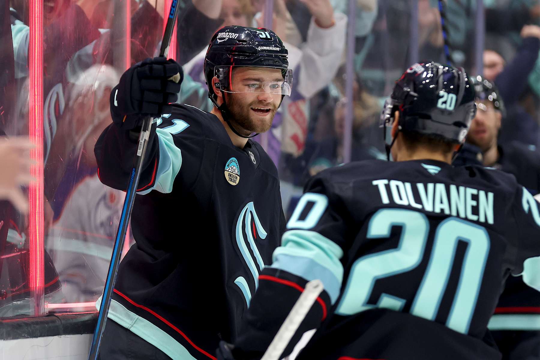 SEATTLE, WASHINGTON - OCTOBER 02: Shane Wright #51 of the Seattle Kraken celebrates his goal during the second period against the Edmonton Oilers at Climate Pledge Arena on October 02, 2024 in Seattle, Washington. (Photo by Steph Chambers/Getty Images)