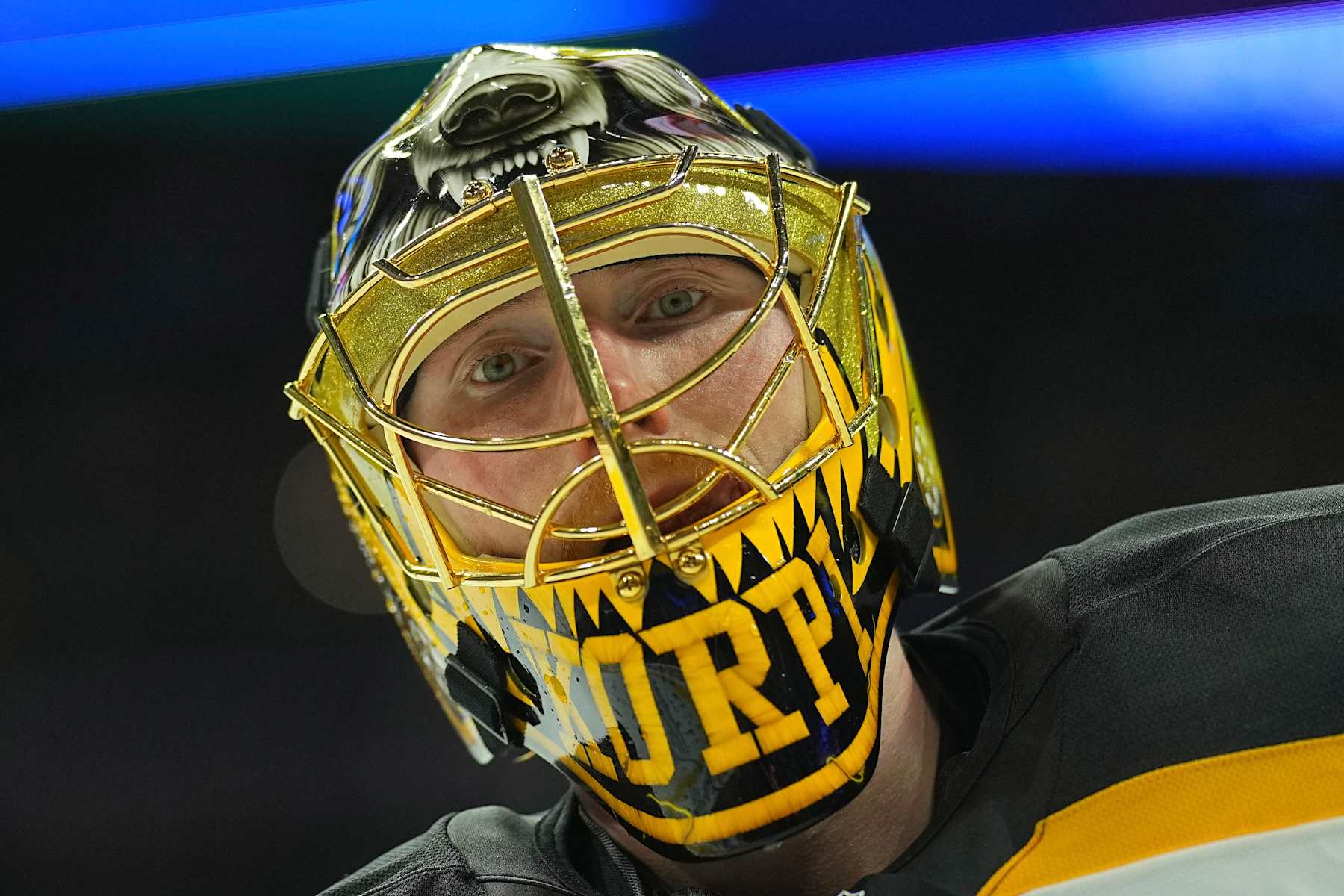 PHILADELPHIA, PENNSYLVANIA - SEPTEMBER 28: Joonas Korpisalo #70 of the Boston Bruins looks on against the Philadelphia Flyers during the second period of the preseason game at the Wells Fargo Center on September 28, 2024 in Philadelphia, Pennsylvania. (Photo by Mitchell Leff/Getty Images)