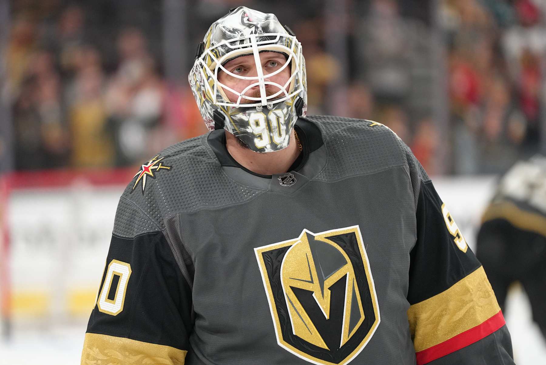 LAS VEGAS, NEVADA - APRIL 24: Robin Lehner #90 of the Vegas Golden Knights warms up prior to a game against the San Jose Sharks at T-Mobile Arena on April 24, 2022 in Las Vegas, Nevada. (Photo by Jeff Bottari/NHLI via Getty Images)