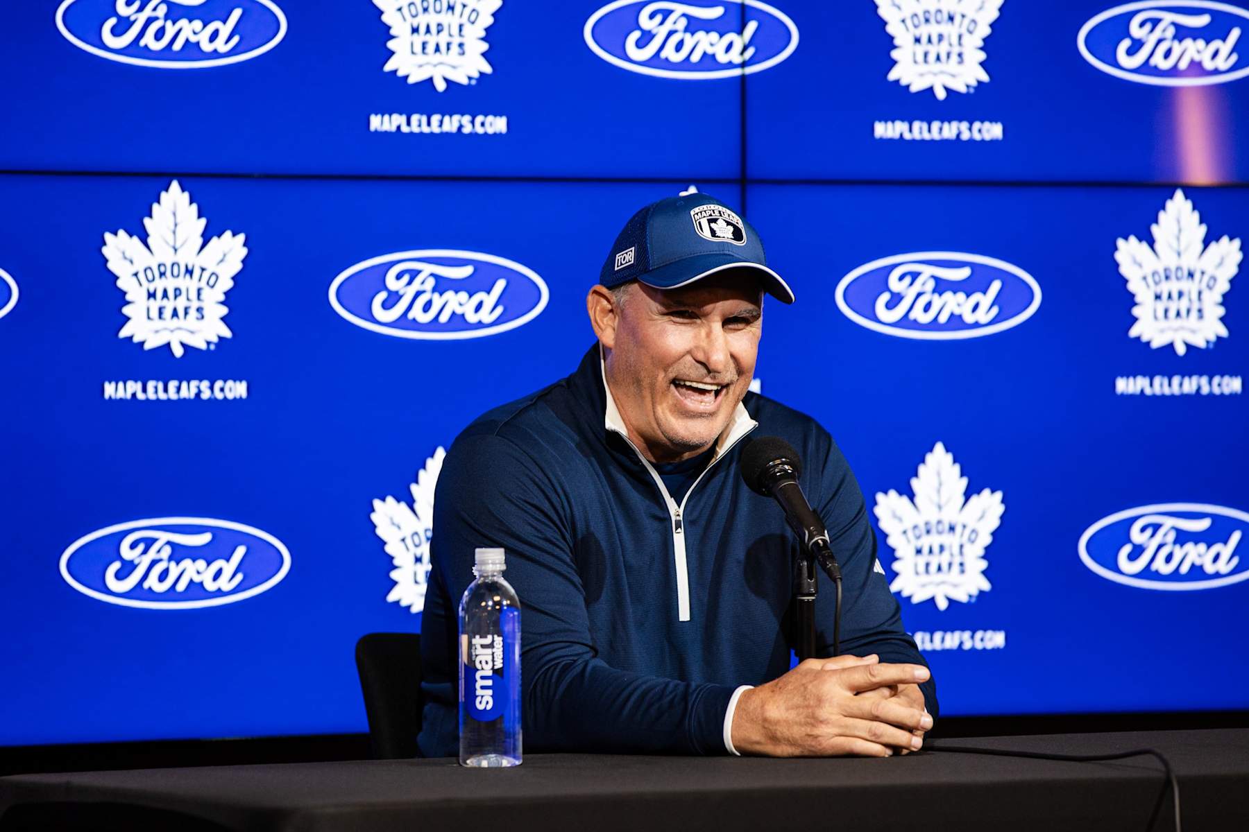 Toronto, ON - September 18: Head Coach Craig Berube laughs at a journalists question during the Toronto Maple Leafs media day. PD Nick Lachance/Toronto Star Nick Lachance/Toronto Star (Nick Lachance/Toronto Star via Getty Images)