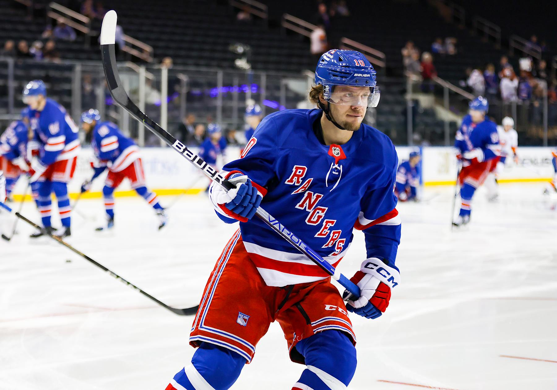 NEW YORK, NY - SEPTEMBER 24: New York Rangers Left Wing Artemi Panarin (10) is pictured prior to the National Hockey League preseason game between the New York Islanders and the New York Rangers on September 24, 2024 at Madison Square Garden in New York, NY. (Photo by Joshua Sarner/Icon Sportswire via Getty Images)