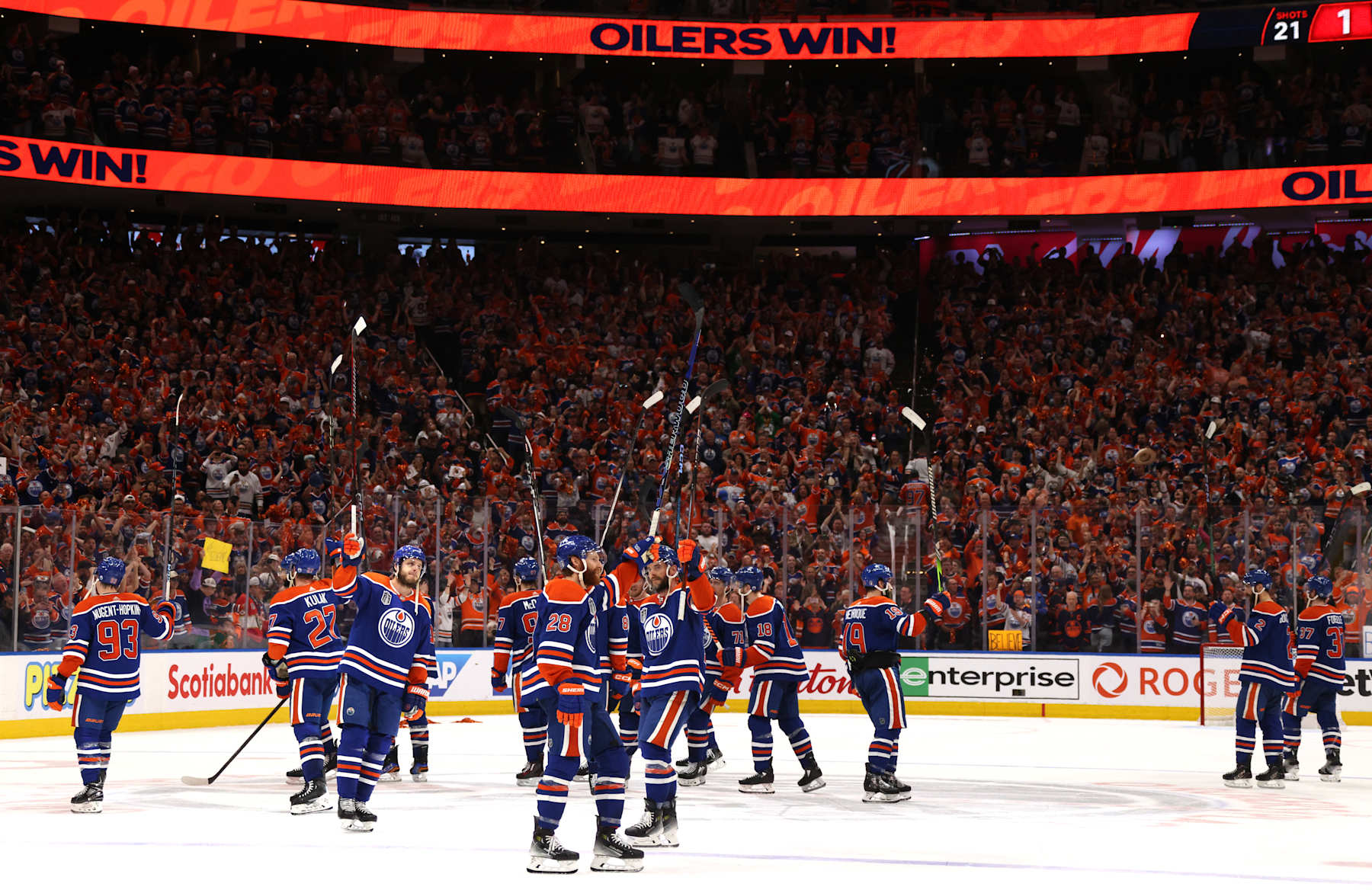 EDMONTON, ALBERTA - JUNE 21: The Edmonton Oilers salute the fans from center ice after Game Six of the 2024 Stanley Cup Final between Florida Panthers and the Edmonton Oilers at Rogers Place on June 21, 2024 in Edmonton, Alberta. (Photo by Dave Sandford/NHLI via Getty Images)