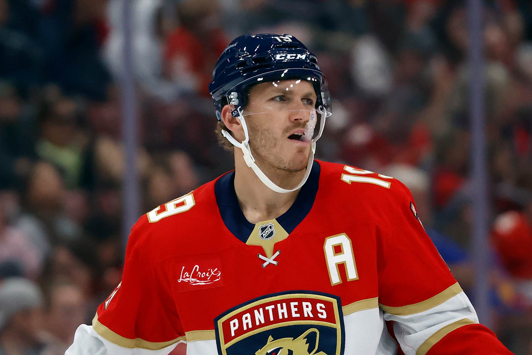 SUNRISE, FL - SEPTEMBER 22: Matthew Tkachuk #19 of the Florida Panthers looks on during a break in action against the Nashville Predators during a preseason game at the Amerant Bank Arena on September 22, 2024 in Sunrise, Florida. (Photo by Joel Auerbach/Getty Images)
