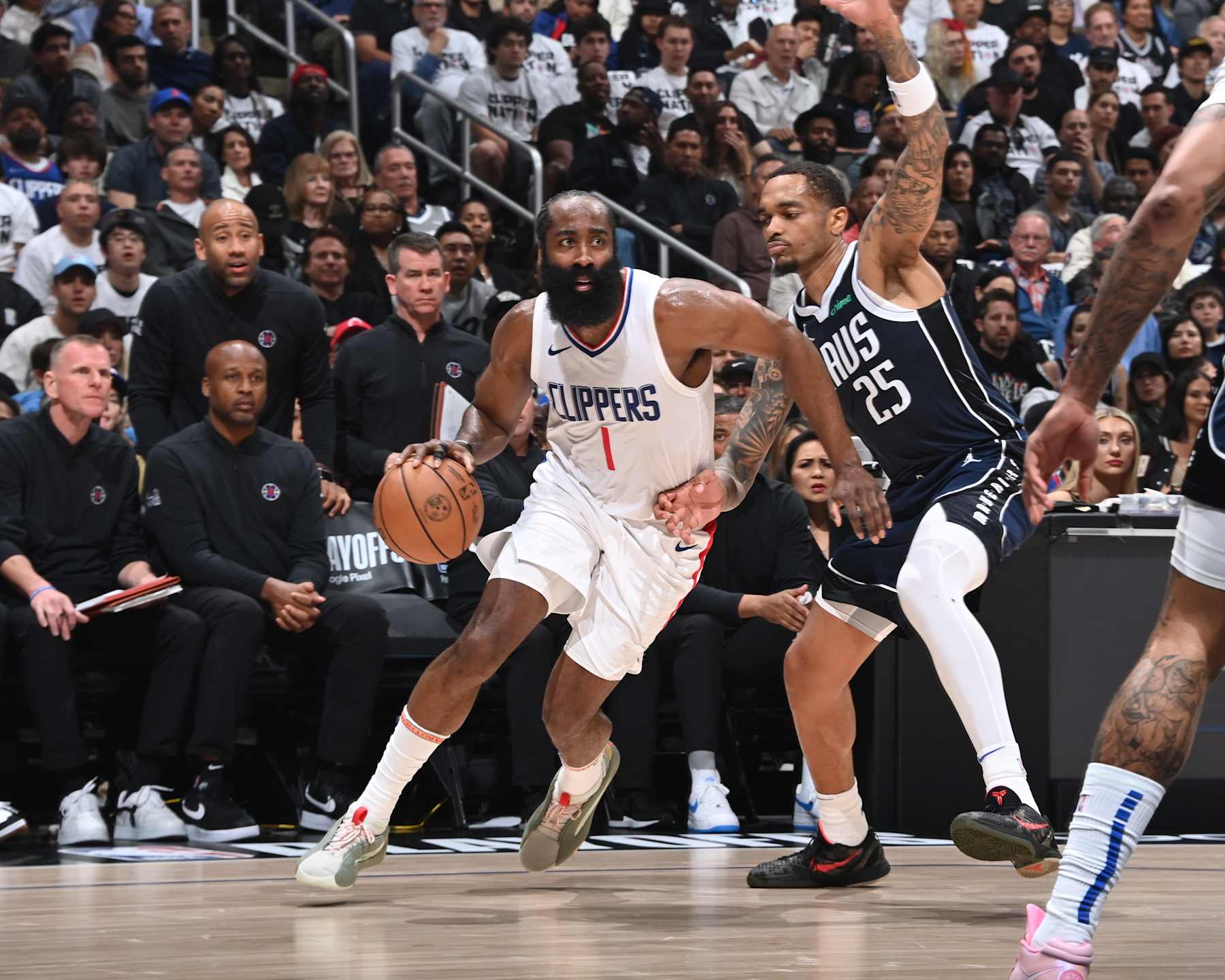 LOS ANGELES, CA - MAY 1:  James Harden #1 of the LA Clippers goes to the basket during the game against the Dallas Mavericks during Round 1 Game 5 of the 2024 NBA Playoffs  on May 1, 2024 at Crypto.Com Arena in Los Angeles, California. NOTE TO USER: User expressly acknowledges and agrees that, by downloading and/or using this Photograph, user is consenting to the terms and conditions of the Getty Images License Agreement. Mandatory Copyright Notice: Copyright 2024 NBAE (Photo by Andrew D. Bernstein/NBAE via Getty Images)