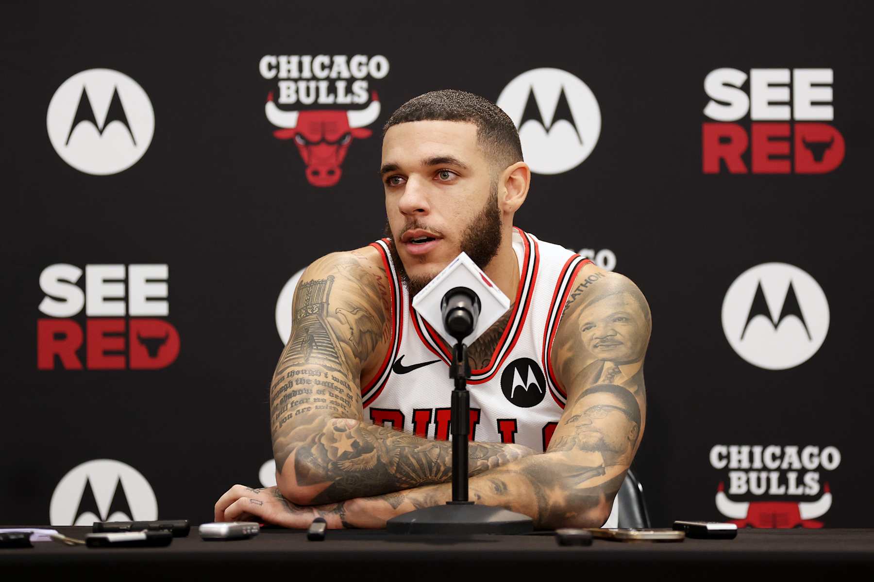 CHICAGO, ILLINOIS - SEPTEMBER 30: Lonzo Ball #2 of the Chicago Bulls speaks to the media during Chicago Bulls Media Day at Advocate Center on September 30, 2024 in Chicago, Illinois. (Photo by Michael Reaves/Getty Images)