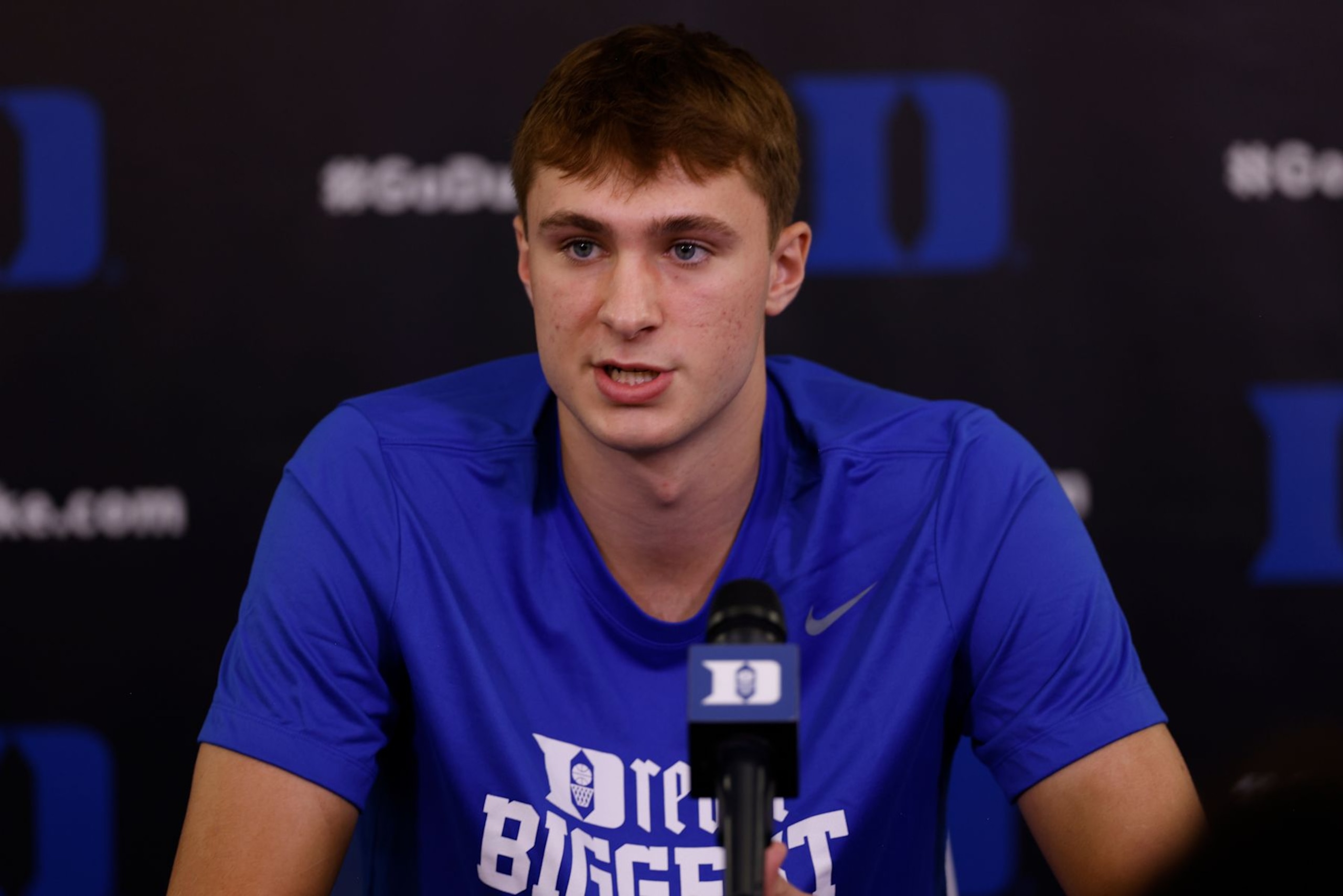 DURHAM, NORTH CAROLINA - SEPTEMBER 27: Cooper Flagg of the Duke Blue Devils speaks to the media during Duke Men's Basketball Media Day at Cameron Indoor Stadium on September 27, 2024 in Durham, North Carolina. (Photo by Lance King/Getty Images) DURHAM, NORTH CAROLINA - SEPTEMBER 27: Cooper Flagg of the Duke Blue Devils speaks to the media during Duke Men's Basketball Media Day at Cameron Indoor Stadium on September 27, 2024 in Durham, North Carolina. (Photo by Lance King/Getty Images)