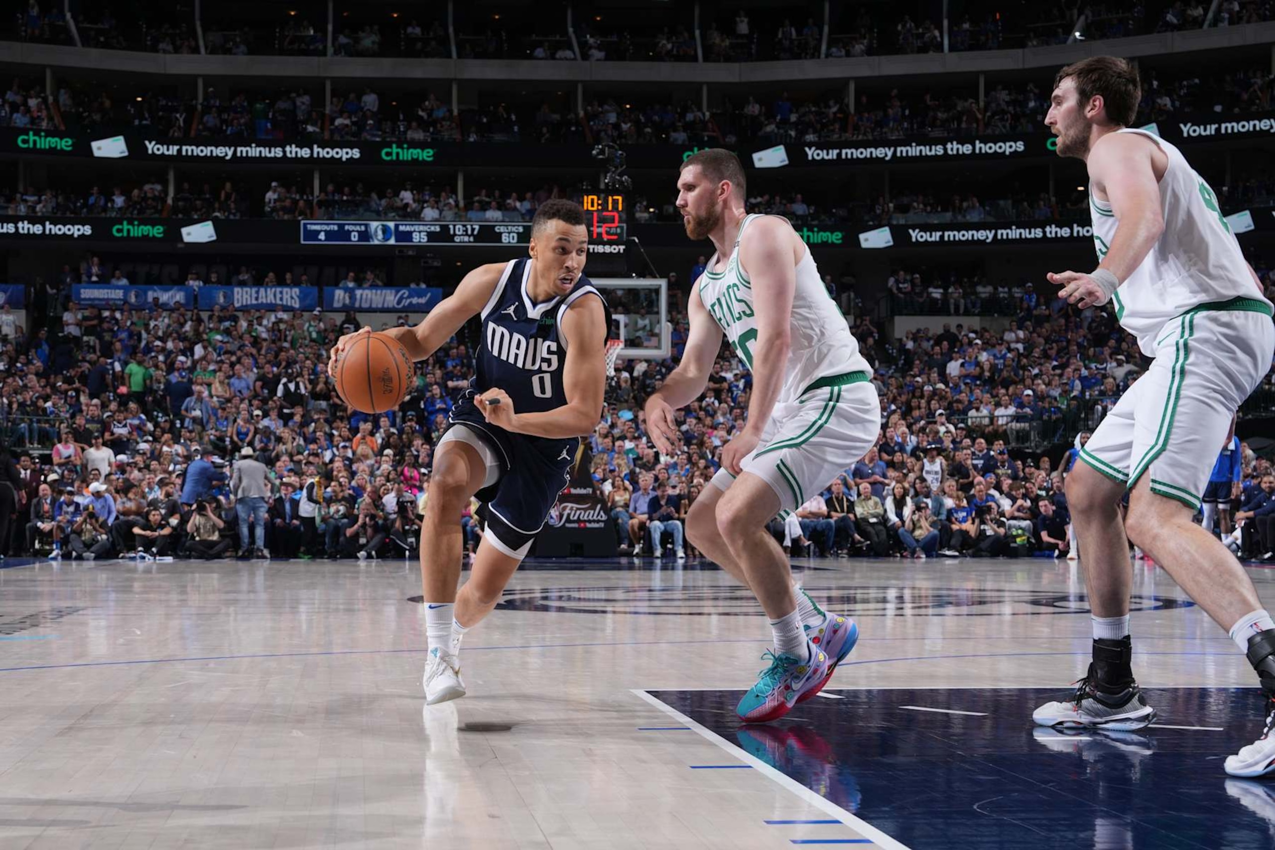 DALLAS, TX - JUNE 14: Dante Exum #0 of the Dallas Mavericks drives to the basket during the game against the Boston Celtics during Game 4 of the 2024 NBA Finals on June 14, 2024 at the American Airlines Center in Dallas, Texas. NOTE TO USER: User expressly acknowledges and agrees that, by downloading and or using this photograph, User is consenting to the terms and conditions of the Getty Images License Agreement. Mandatory Copyright Notice: Copyright 2024 NBAE (Photo by Jesse D. Garrabrant/NBAE via Getty Images)