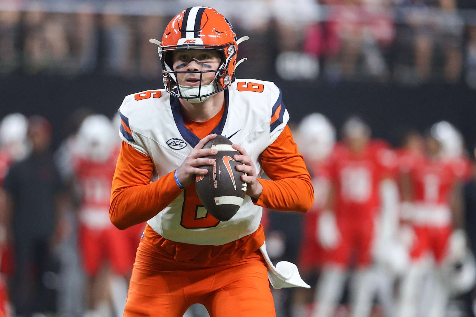 LAS VEGAS, NEVADA - OCTOBER 04: Kyle McCord #6 of the Syracuse Orange attempts a pass during the first quarter of a game against the UNLV Rebels at Allegiant Stadium on October 04, 2024 in Las Vegas, Nevada. (Photo by Ian Maule/Getty Images)