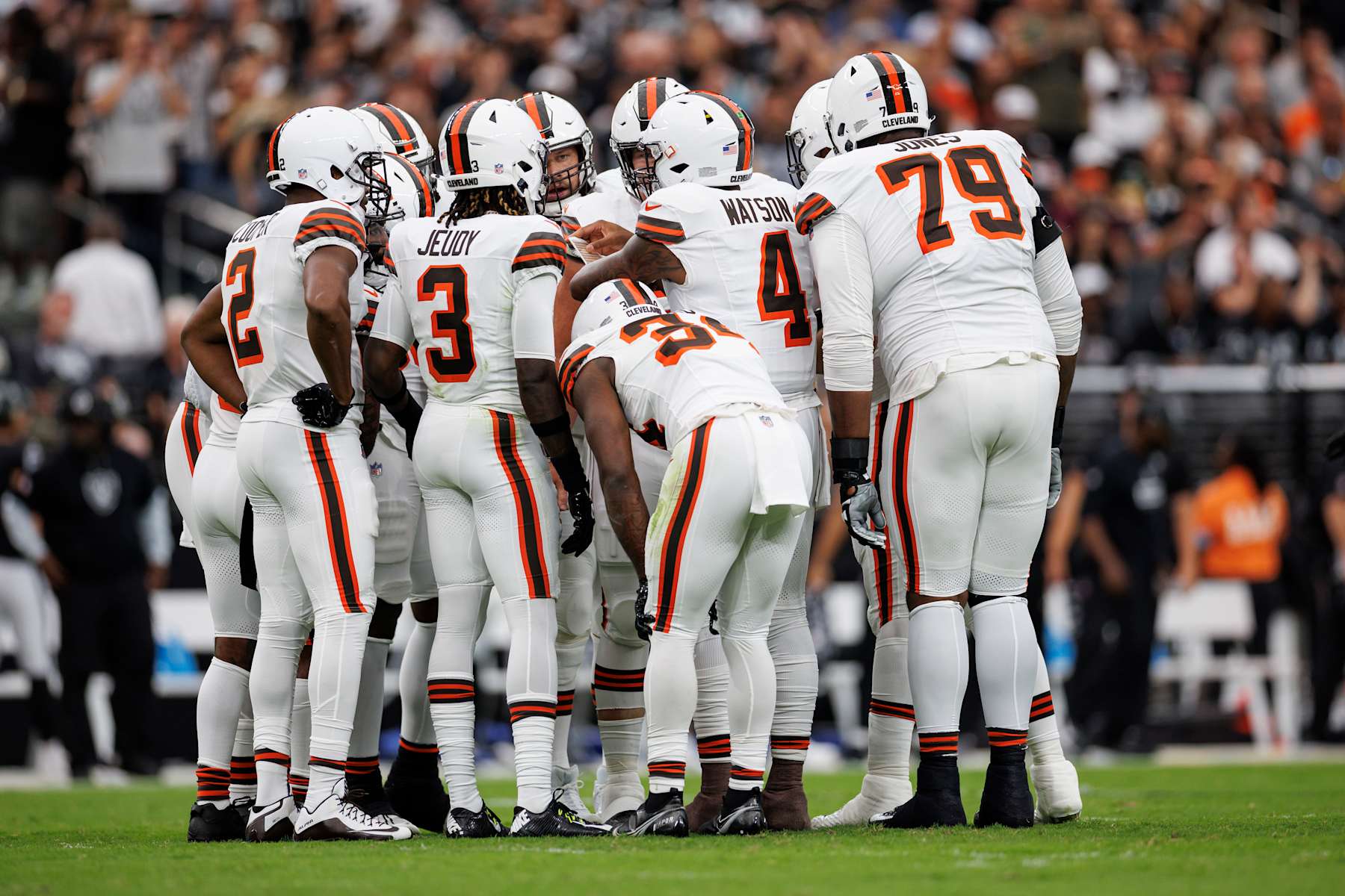 LAS VEGAS, NV - SEPTEMBER 29: Quarterback Deshaun Watson #4 of the Cleveland Browns calls a play in a huddle during the first quarter of an NFL football game against the Las Vegas Raiders, at Allegiant Stadium on September 29, 2024 in Las Vegas, Nevada. (Photo by Brooke Sutton/Getty Images)