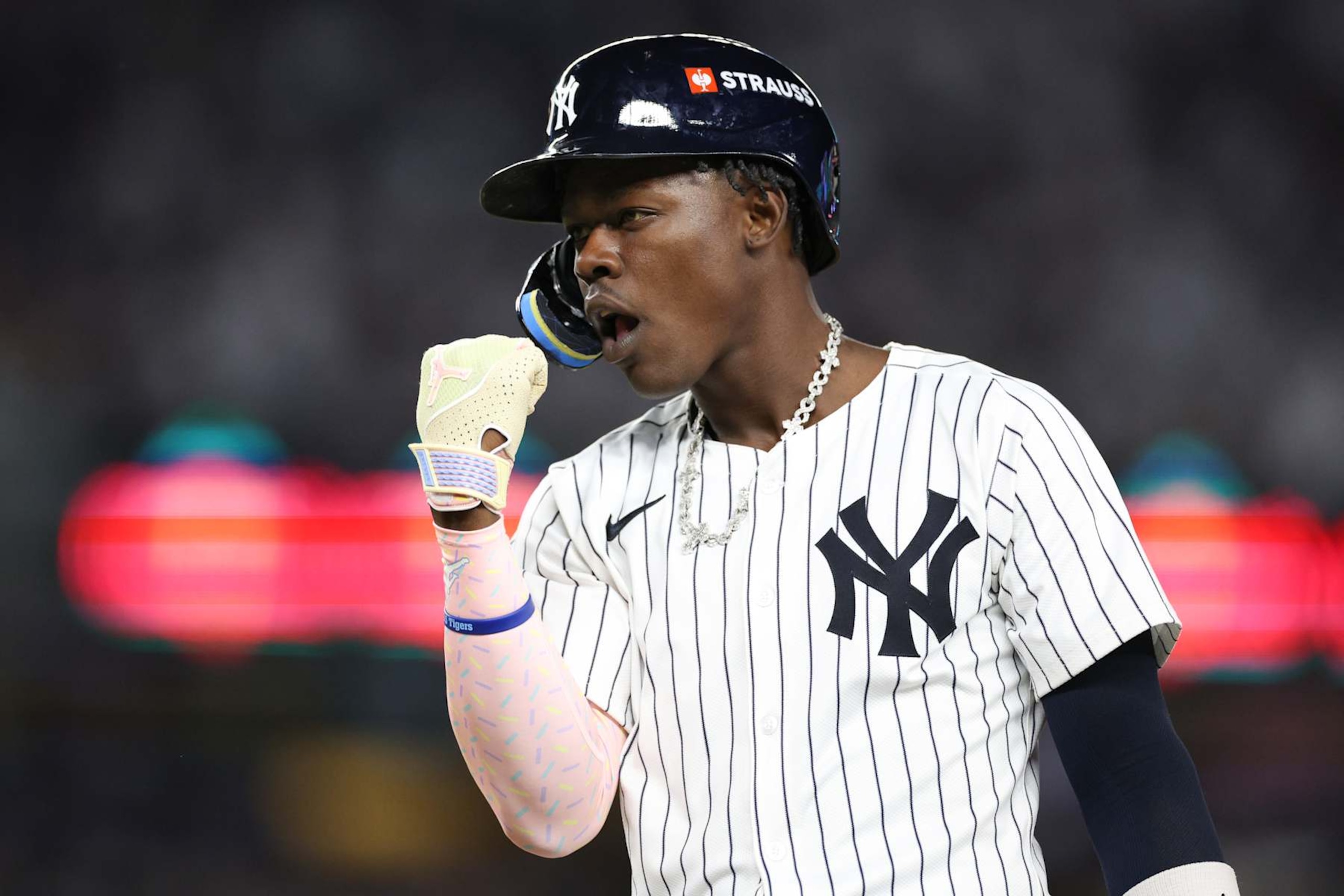 NEW YORK, NEW YORK - OCTOBER 05:  Jazz Chisholm Jr. #13 of the New York Yankees celebrates after hitting a single against the Kansas City Royals during the seventh inning in Game One of the Division Series at Yankee Stadium on October 05, 2024 in New York City.  (Photo by Elsa/Getty Images)