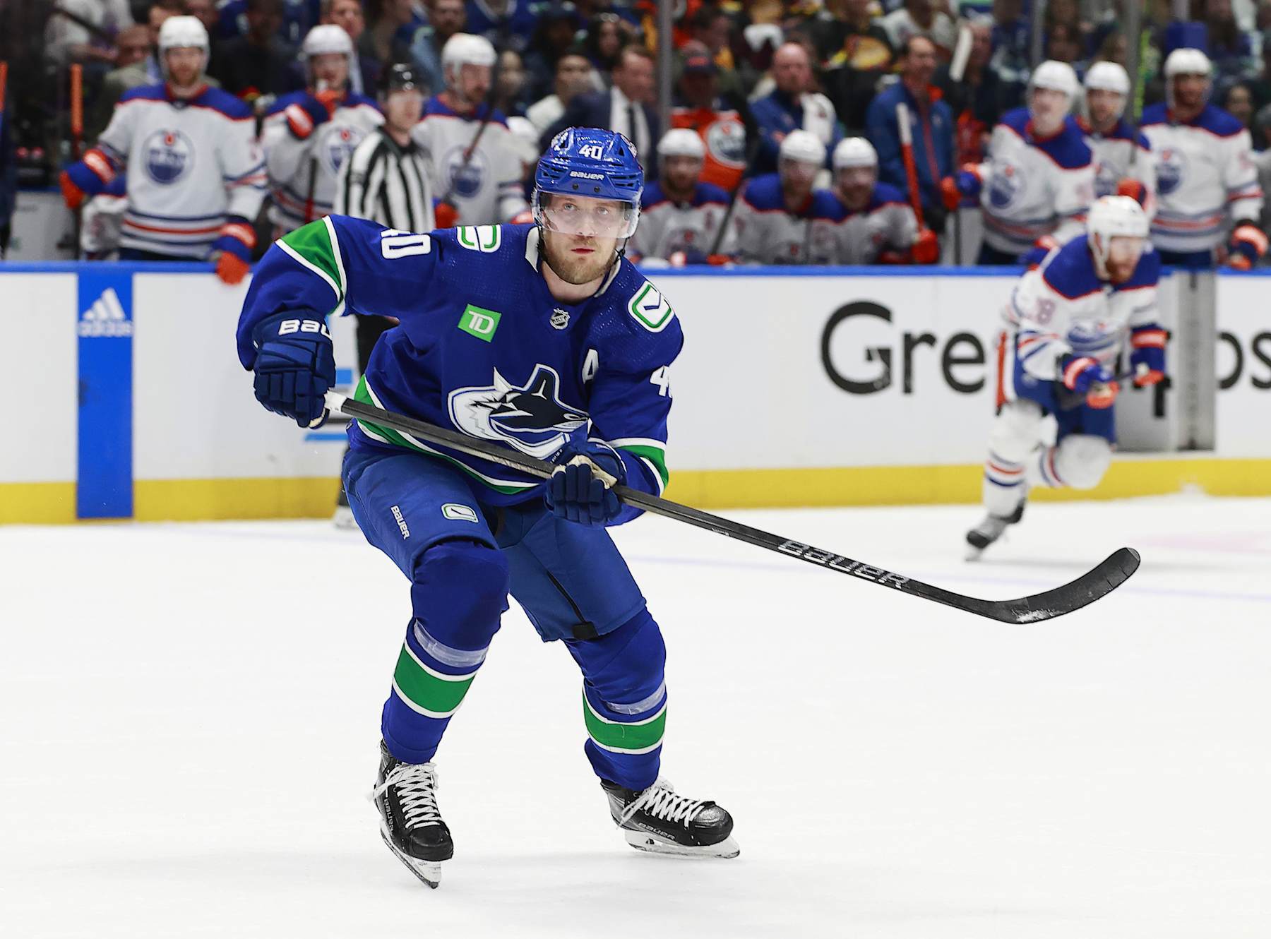 VANCOUVER, CANADA - MAY 20: Elias Pettersson #40 of the Vancouver Canucks skates up ice in Game Seven of the Second Round of the 2024 Stanley Cup Playoffs against the Edmonton Oilers at Rogers Arena on May 20, 2024 in Vancouver, British Columbia, Canada. (Photo by Jeff Vinnick/NHLI via Getty Images)