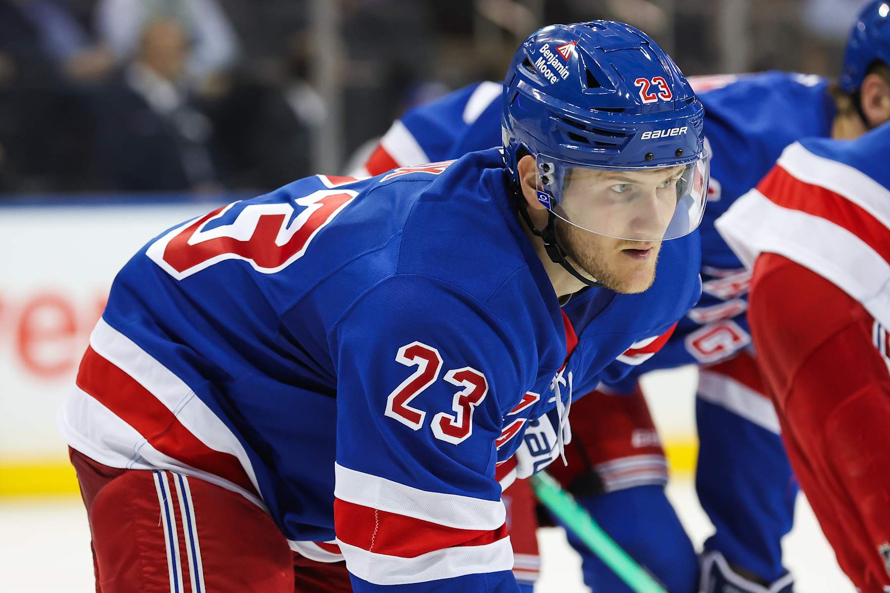 NEW YORK, NEW YORK - SEPTEMBER 26: Adam Fox #23 of the New York Rangers looks on during the third period of a preseason game against the Boston Bruins at Madison Square Garden on September 26, 2024 in New York City. (Photo by Andrew Mordzynski/Getty Images)