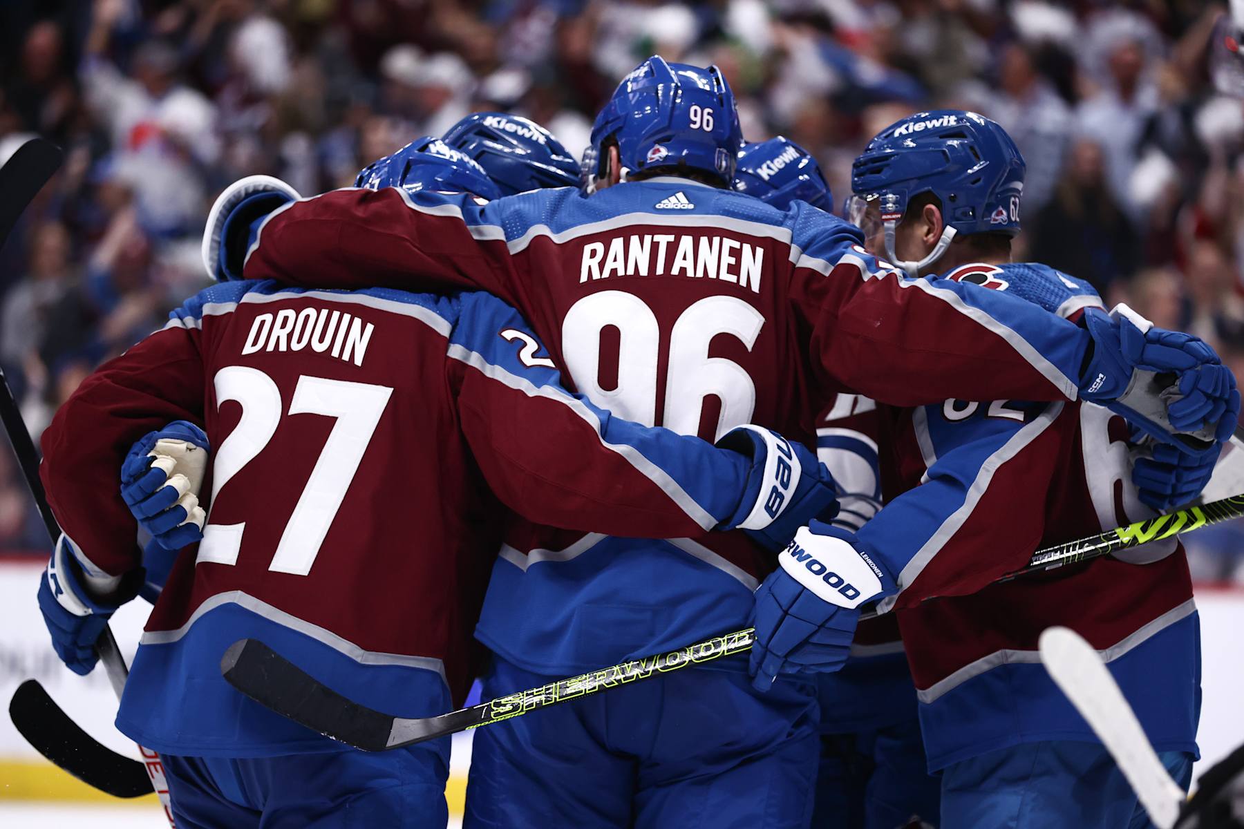 DENVER, COLORADO - MAY 17: Mikko Rantanen #96 of the Colorado Avalanche celebrates with teammates after scoring a goal during the second period against the Dallas Stars in Game Six of the Second Round of the 2024 Stanley Cup Playoffs at Ball Arena on May 17, 2024 in Denver, Colorado. (Photo by Tyler Schank/Clarkson Creative/Getty Images)