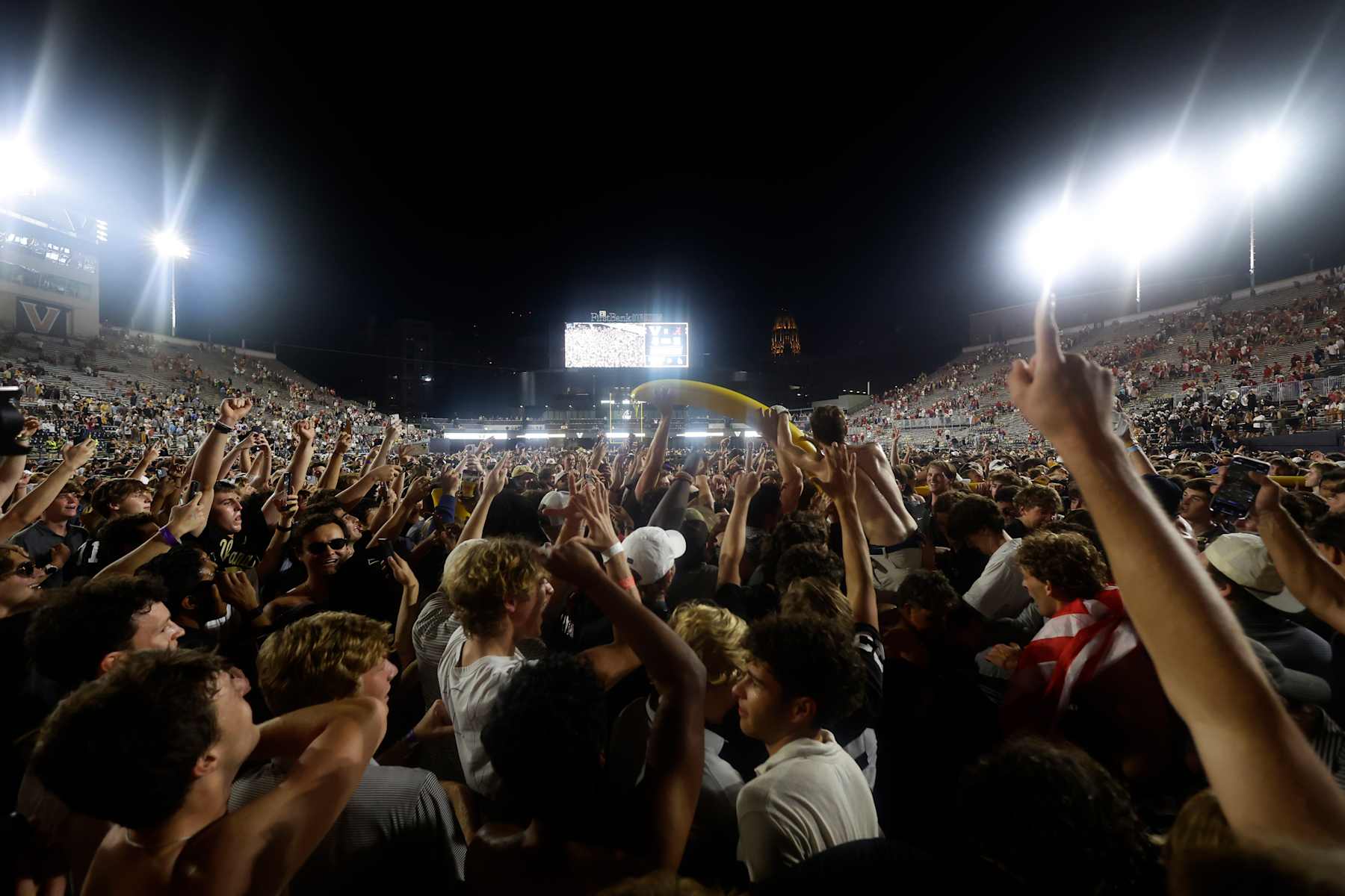 NASHVILLE, TN - OCTOBER 05: Vanderbilt Commodores fans storm the field following a game between the Vanderbilt Commodores and Alabama Crimson Tide, October 5, 2024 at FirstBank Stadium in Nashville, Tennessee. (Photo by Matthew Maxey/Icon Sportswire via Getty Images)