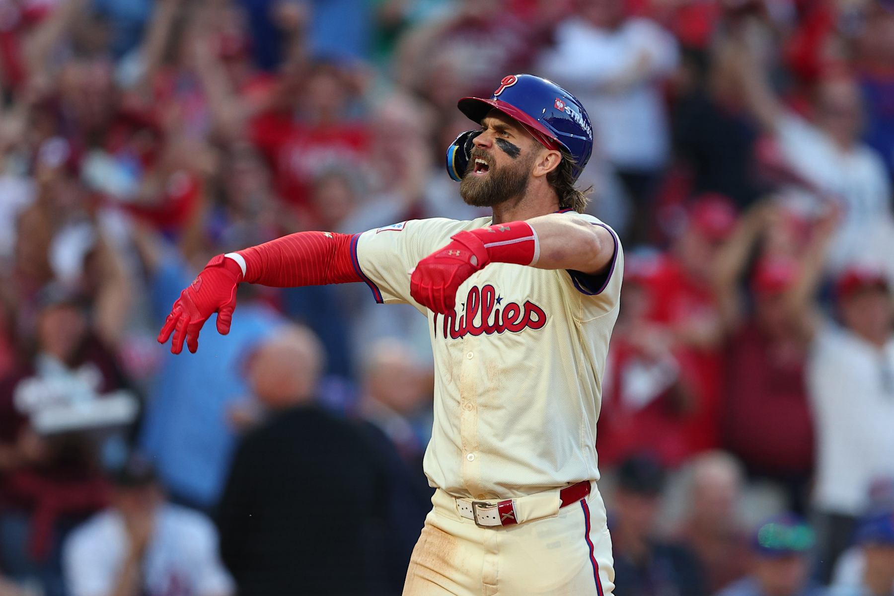 PHILADELPHIA, PENNSYLVANIA - OCTOBER 06: Bryce Harper #3 of the Philadelphia Phillies celebrates after hitting a two-run home run during the sixth inning against the New York Mets in Game Two of the Division Series at Citizens Bank Park on October 06, 2024 in Philadelphia, Pennsylvania. (Photo by Heather Barry/Getty Images)