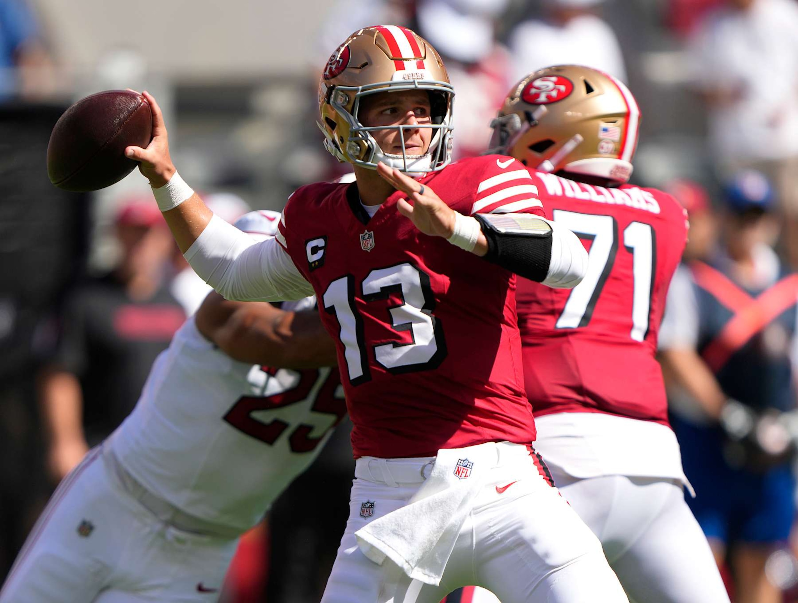 SANTA CLARA, CALIFORNIA - OCTOBER 06: Brock Purdy #13 of the San Francisco 49ers throws a pass during the first half of a game against the Arizona Cardinals at Levi's Stadium on October 06, 2024 in Santa Clara, California. (Photo by Thearon W. Henderson/Getty Images) SANTA CLARA, CALIFORNIA - OCTOBER 06: Brock Purdy #13 of the San Francisco 49ers throws a pass during the first half of a game against the Arizona Cardinals at Levi's Stadium on October 06, 2024 in Santa Clara, California. (Photo by Thearon W. Henderson/Getty Images)