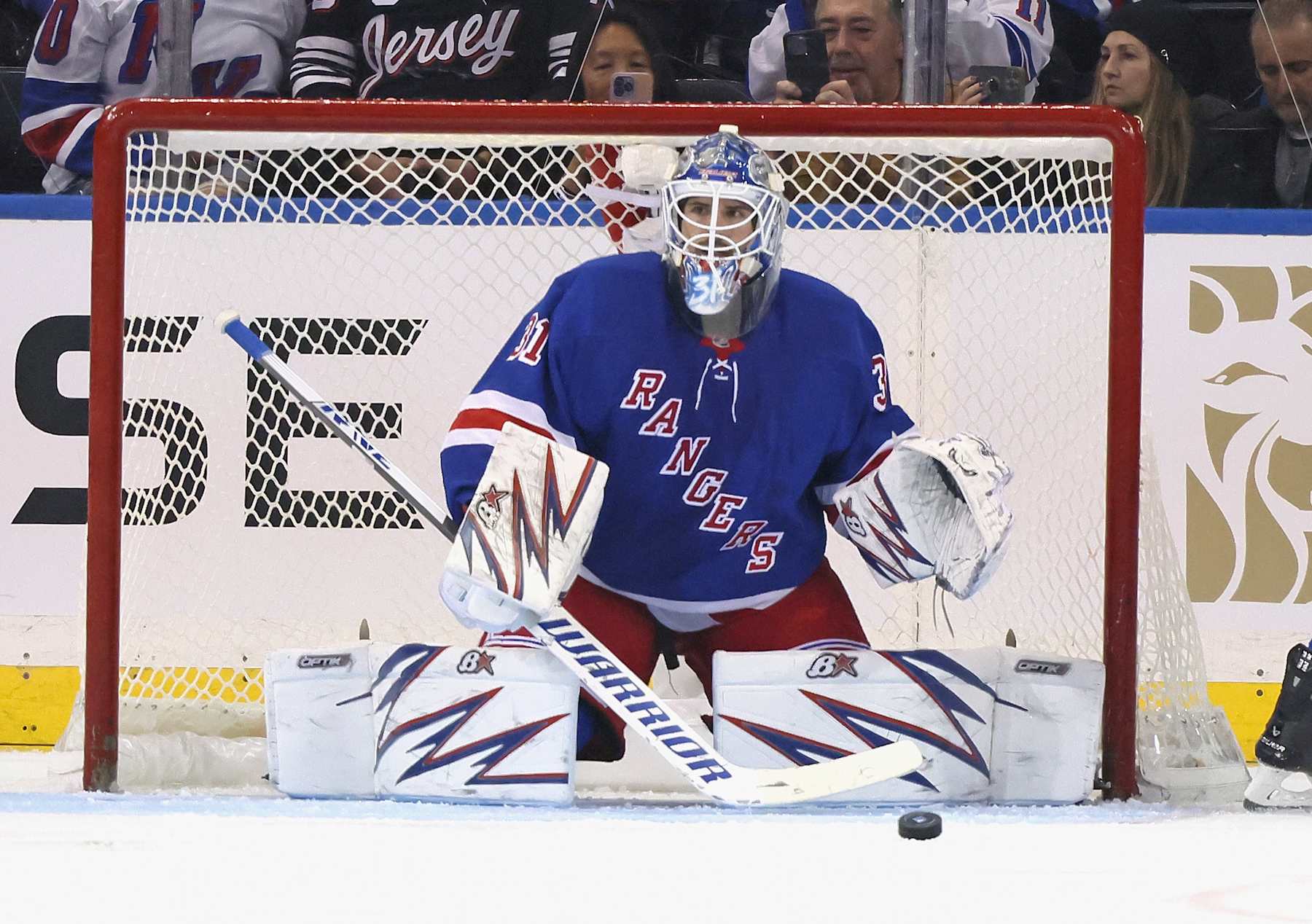 NEW YORK, NEW YORK - OCTOBER 01: Igor Shesterkin #31 of the New York Rangers skates against the New Jersey Devils at Madison Square Garden on October 01, 2024 in New York City. (Photo by Bruce Bennett/Getty Images)