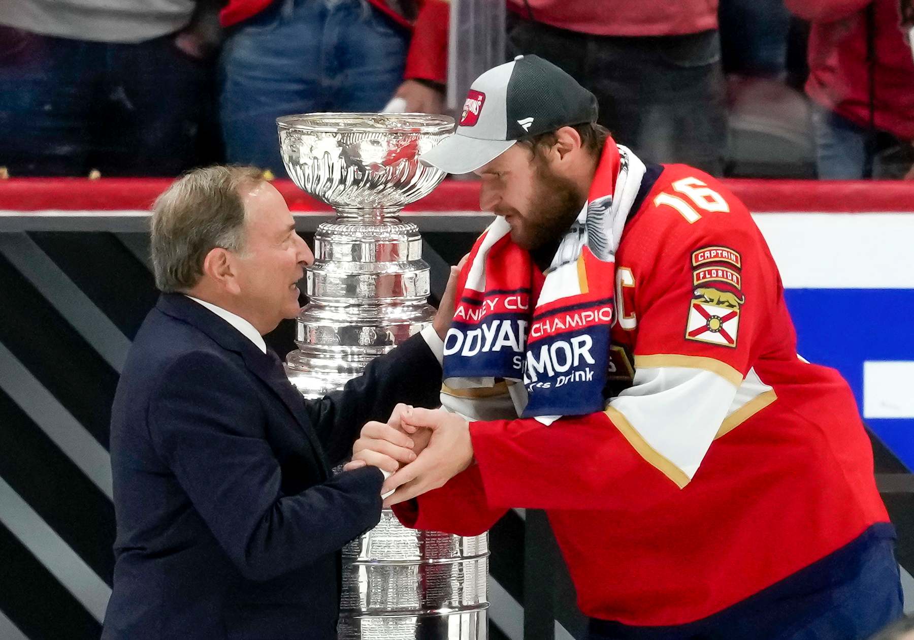 SUNRISE, FL - JUNE 24: NHL commissioner Gary Bruce Bettman and Florida Panthers center Aleksander Barkov (16) during the NHL Stanley Cup Finals, Game 7 between the Florida Panthers and Edmonton Oilers on June 24th, 2024 at Amerant Bank Arena in Sunrise, FL. (Photo by Andrew Bershaw/Icon Sportswire via Getty Images)
