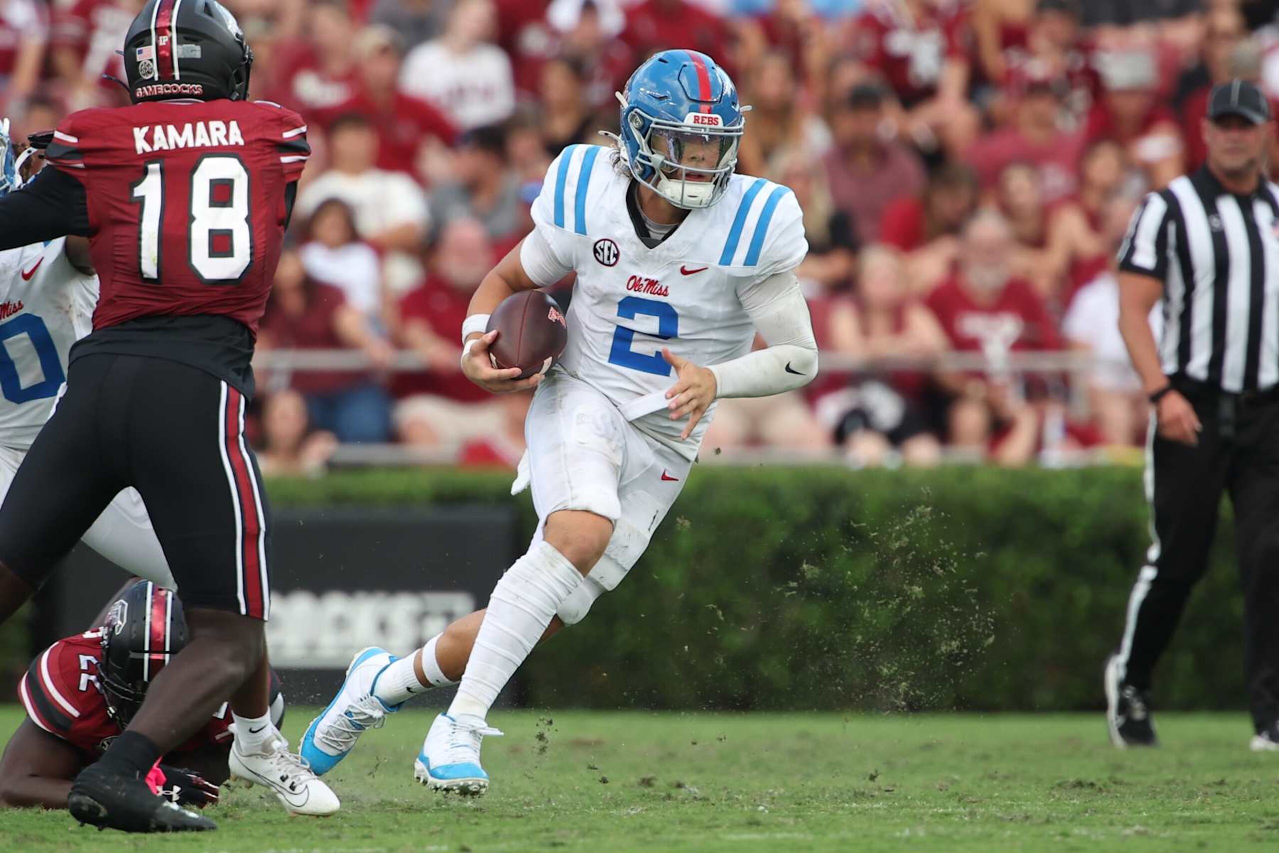 COLUMBIA, SC - OCTOBER 05: Mississippi Rebels quarterback Jaxson Dart (2) rushes with the ball during the game between the Ole Miss Rebels and the South Carolina Gamecocks on Saturday, October 5, 2024 at Williams-Brice Stadium in Columbia, SC (Photo by Peter Joneleit/Icon Sportswire via Getty Images)