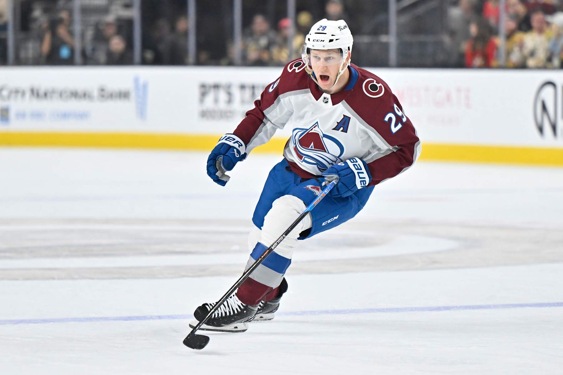 LAS VEGAS, NEVADA - OCTOBER 03: Nathan MacKinnon #29 of the Colorado Avalanche skates during the first period against the Vegas Golden Knights at T-Mobile Arena on October 03, 2024 in Las Vegas, Nevada. (Photo by David Becker/NHLI via Getty Images)