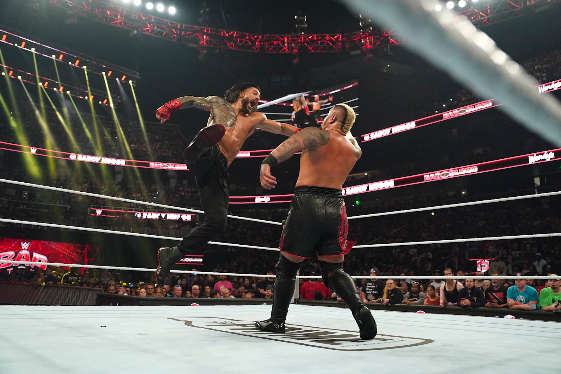 ATLANTA, GEORGIA - OCTOBER 5: Roman Reigns in action against Solo Sikoa during Bad Blood at State Farm Arena on October 5, 2024 in Atlanta, Georgia. (Photo by WWE/Getty Images)