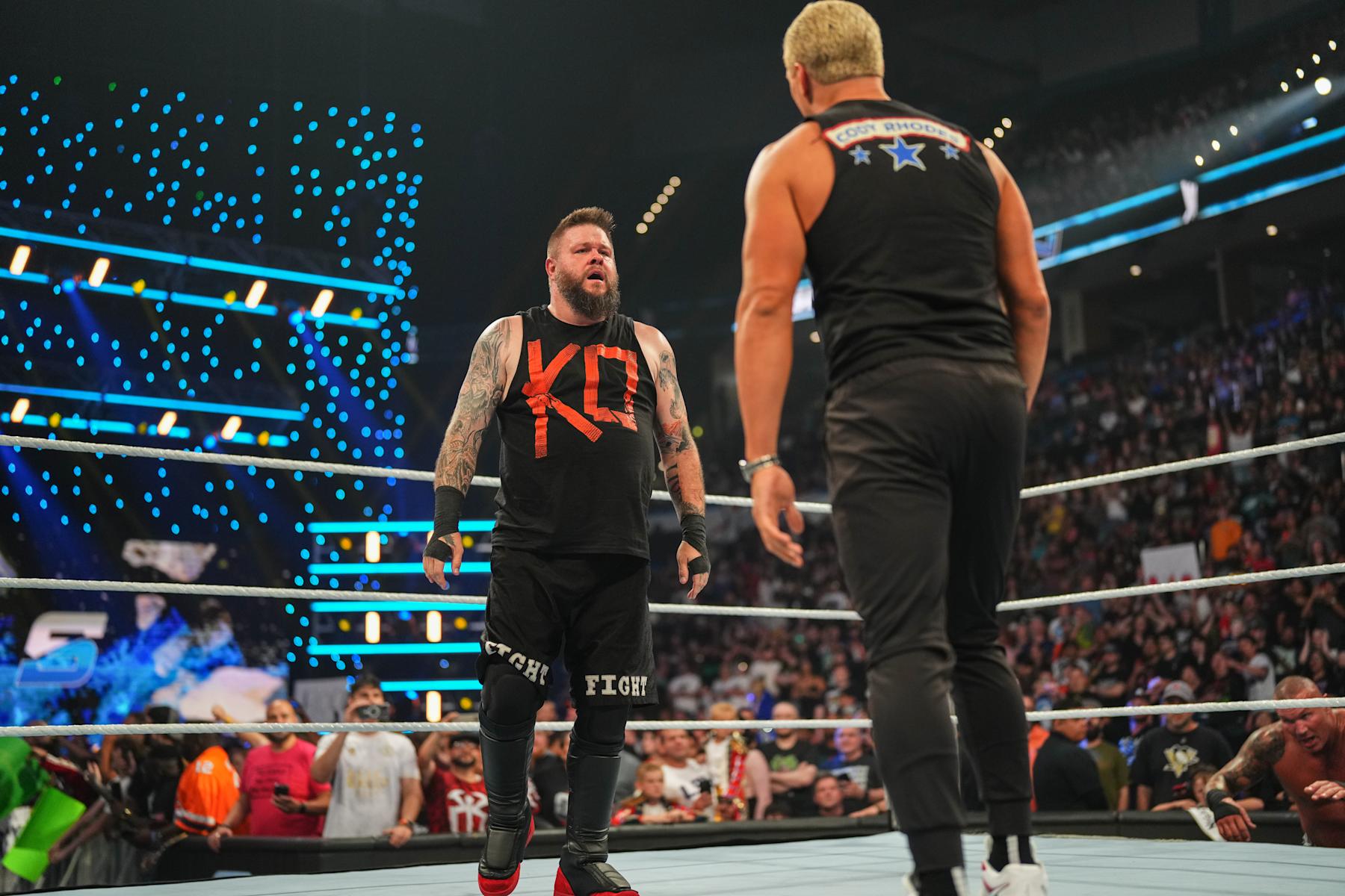 OKLAHOMA CITY, OKLAHOMA - SEPTEMBER 27: Kevin Owens and Cody Rhodes face off during WWE SmackDown at Paycom Center on September 27, 2024 in Oklahoma City, Oklahoma. (Photo by WWE/Getty Images)