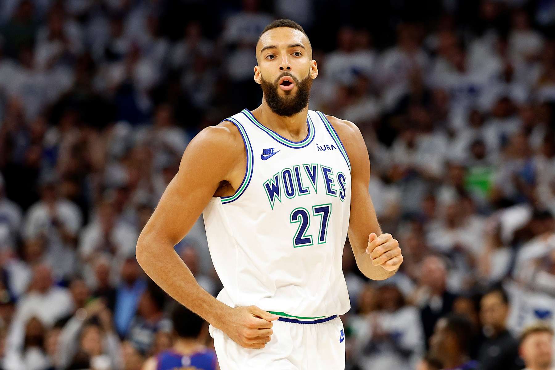 MINNEAPOLIS, MINNESOTA - MAY 16: Rudy Gobert #27 of the Minnesota Timberwolves looks on against the Denver Nuggets in the fourth quarter in Game Six of the Western Conference Second Round Playoffs at Target Center on May 16, 2024 in Minneapolis, Minnesota. (Photo by David Berding/Getty Images)
