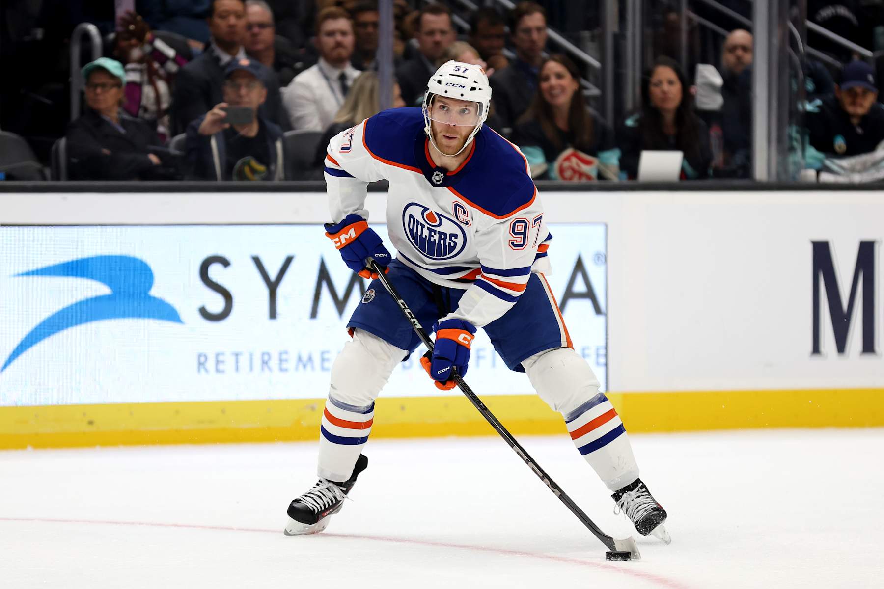 SEATTLE, WASHINGTON - OCTOBER 02: Connor McDavid #97 of the Edmonton Oilers skates against the Seattle Kraken during the first period at Climate Pledge Arena on October 02, 2024 in Seattle, Washington.  (Photo by Steph Chambers/Getty Images)