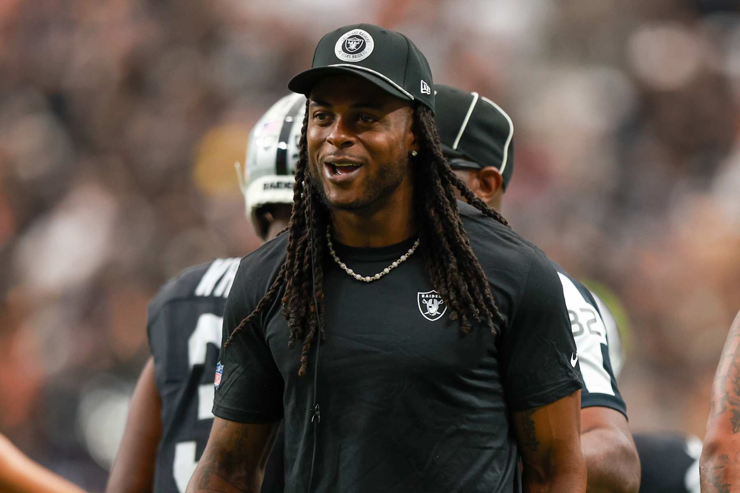 LAS VEGAS, NV - SEPTEMBER 29: Las Vegas Raiders wide receiver Davante Adams (17) celebrates with teammates after a score during a NFL game between the Cleveland Browns vs Las Vegas Raiders game on September 29, 2024, at Allegiant Stadium in Las Vegas, NV. (Photo by Jordon Kelly/Icon Sportswire via Getty Images)