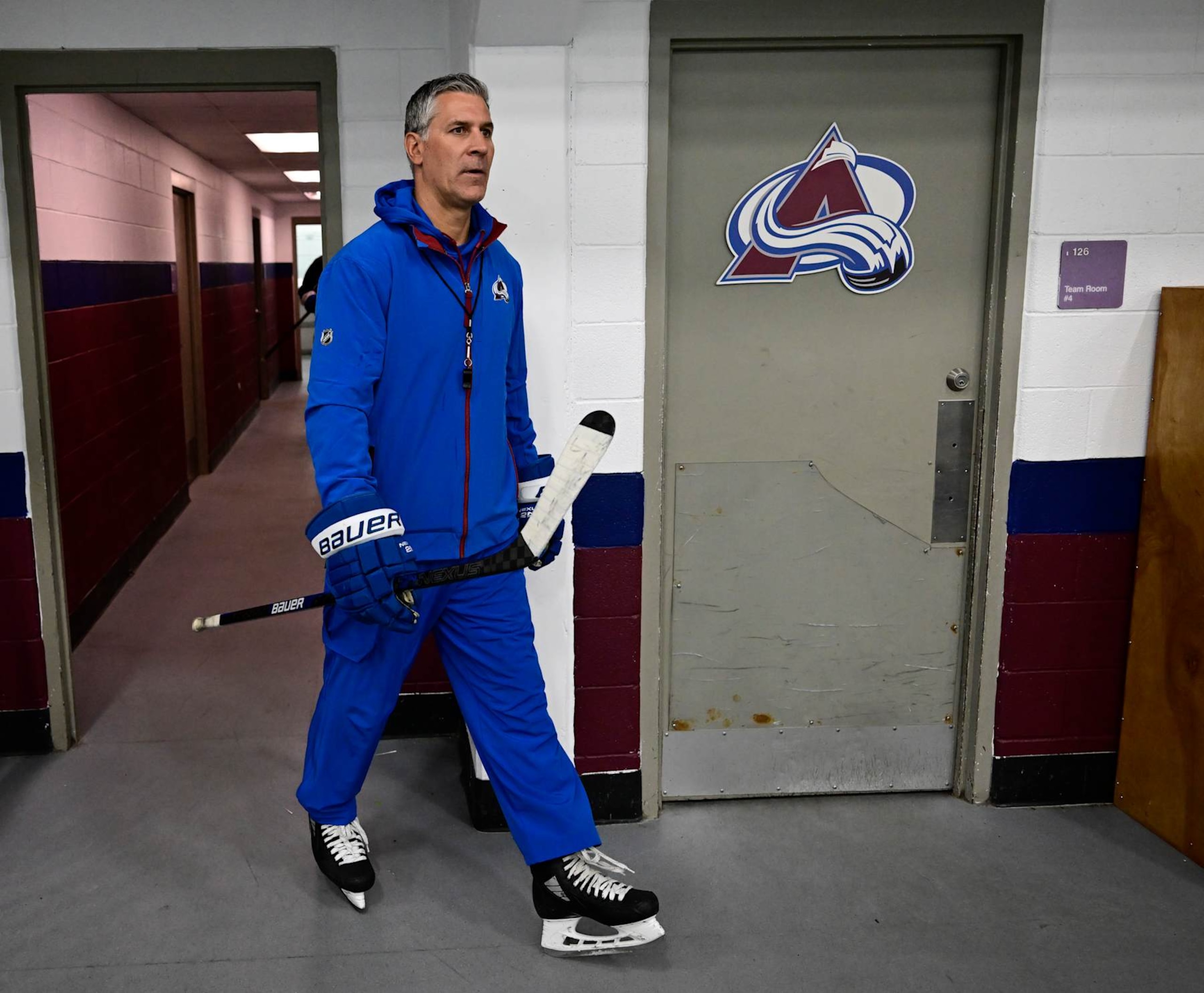 CENTENNIAL, CO - SEPTEMBER 21: Colorado Avalanche head coach Jared Bednar heads to the ice for training camp at the Family Sports Center in Centennial September 21, 2023. (Photo by Andy Cross/MediaNews Group/The Denver Post via Getty Images) CENTENNIAL, CO - SEPTEMBER 21: Colorado Avalanche head coach Jared Bednar heads to the ice for training camp at the Family Sports Center in Centennial September 21, 2023. (Photo by Andy Cross/MediaNews Group/The Denver Post via Getty Images)
