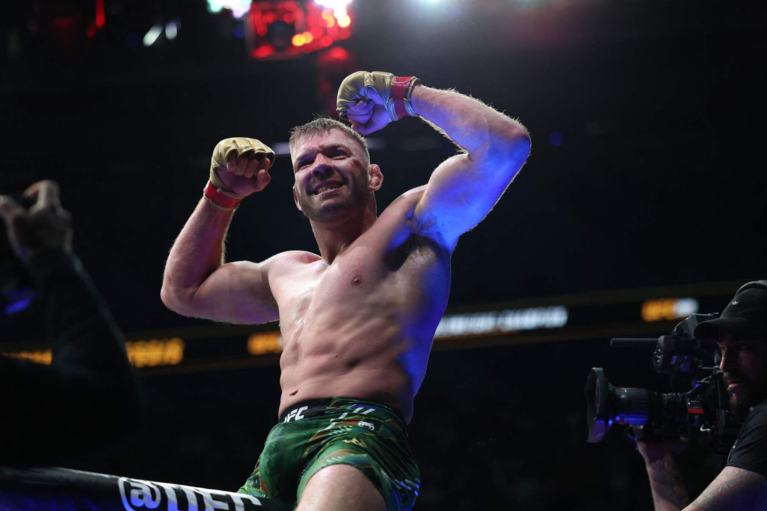 South Africa's Dricuc Du Plessis reacts after winning against Israel Adesanya
